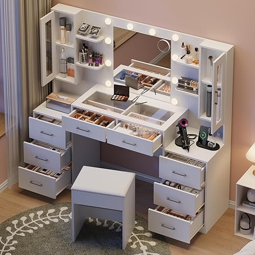 Miniatura 3 de Escritorio de tocador de 59 pulgadas de ancho con espejo y luces, tocador de maquillaje grande con toma de corriente, 8 cajones y 2 gabinetes, 4