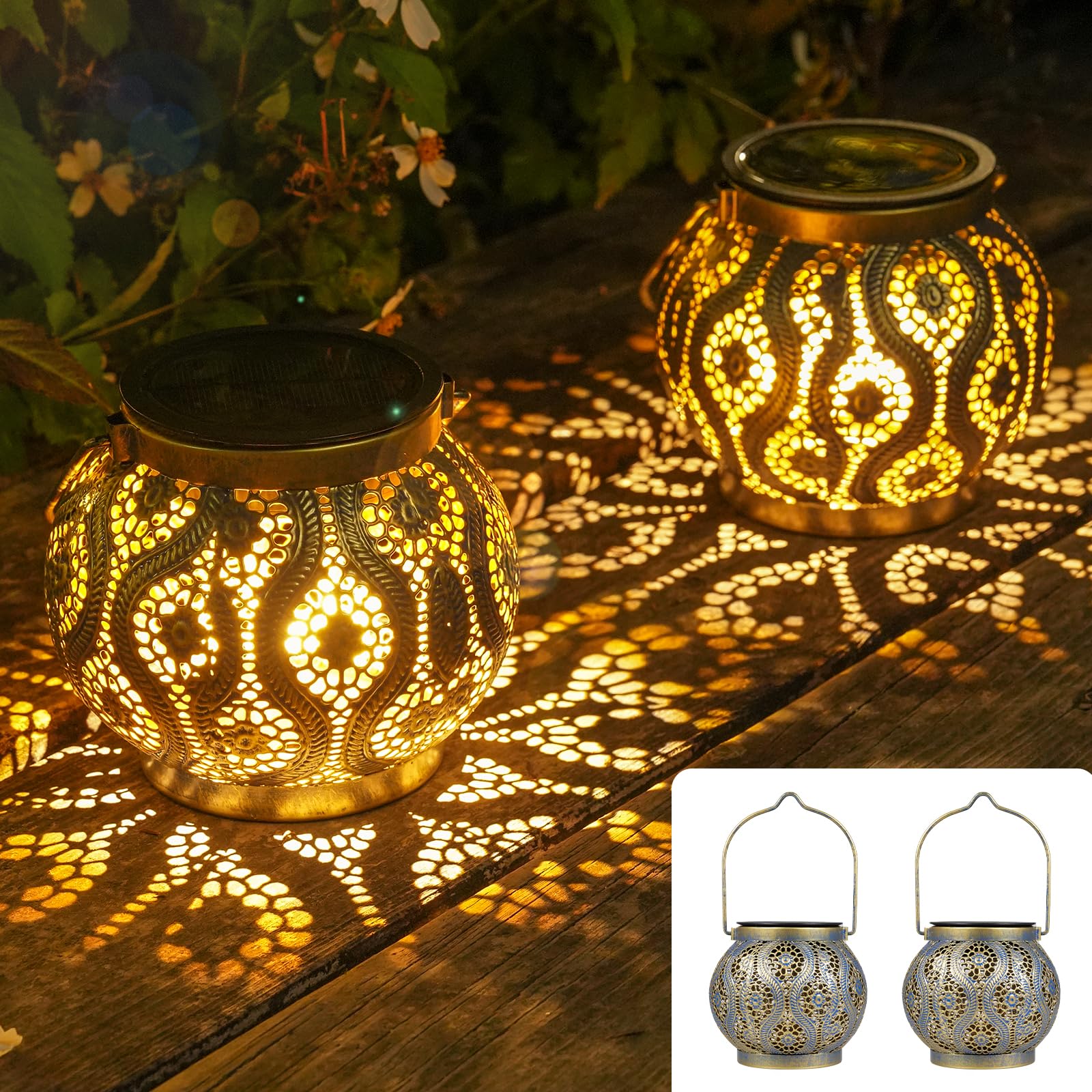 JOYCREATOR Solarlaternen für Außen Wasserdicht IP65, 2 Stück LED Metall Solar Laternen für Draußen Warmweiß, Orientalische Solarlampen für Außen Garten für Balkon Baum Rasen Tisch (Blaue Kupfer)