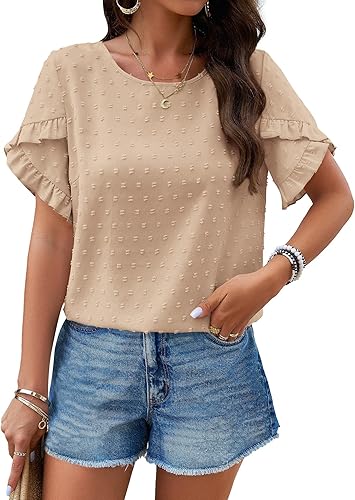 PRETTYGARDEN Women's Tops 2025 Summer Ruffle Short Sleeve Crewneck Blouses Swiss Dots Solid Loose Tunics Work Shirts