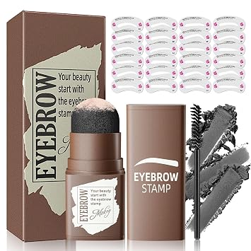 Eyebrow Stamp Stencil Kit - Eyebrow Powder and Eyebrow Stencils for Shaping with Eyebrow Brush, Long-Lasting Waterproof Brow Shaping Kit with 24 Reusable Thin & Thick Eyebrow Stencils Black