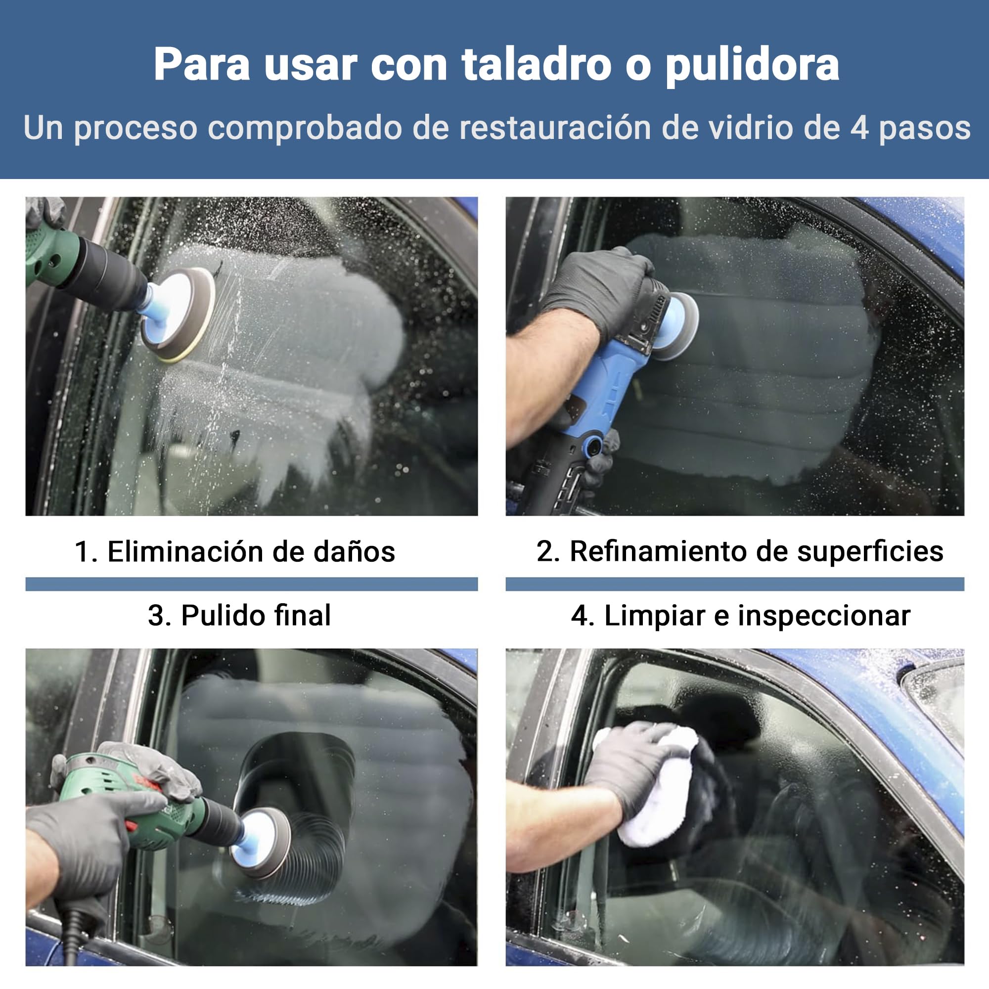 GLASS POLISH DIY Kit de Eliminación de Arañazos en Vidrio 75 mm para Pulido Eficaz con Taladro o Pulidora, Repara Arañazos Profundos, Elimina Daños Superficiales y Restaura la Claridad y el Brillo