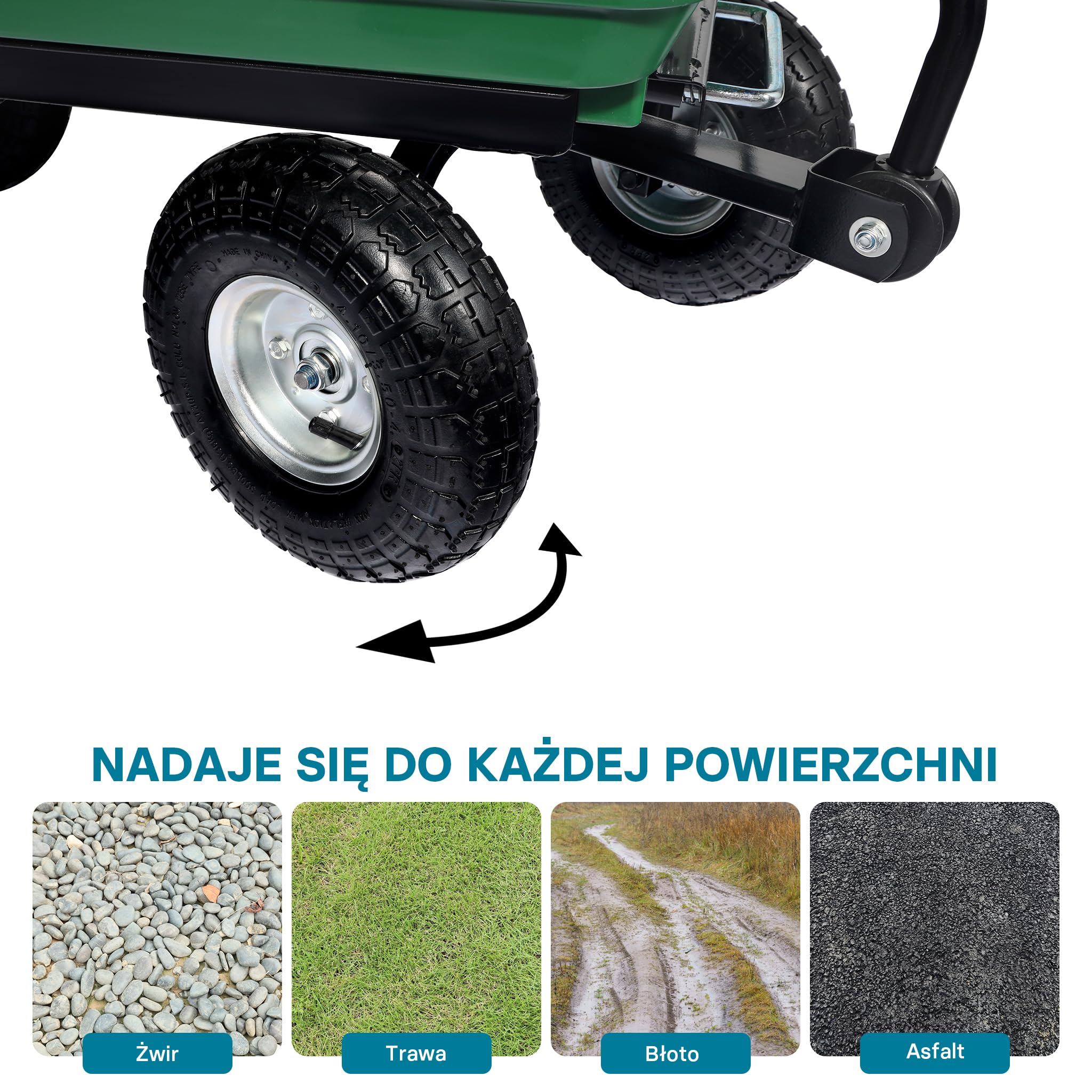 Wiltec Wózek ogrodowy z funkcją pochylenia do 240 kg nośności, wanna plastikowa o pojemności 75 l, wywrotka transportowa na 4 kołach