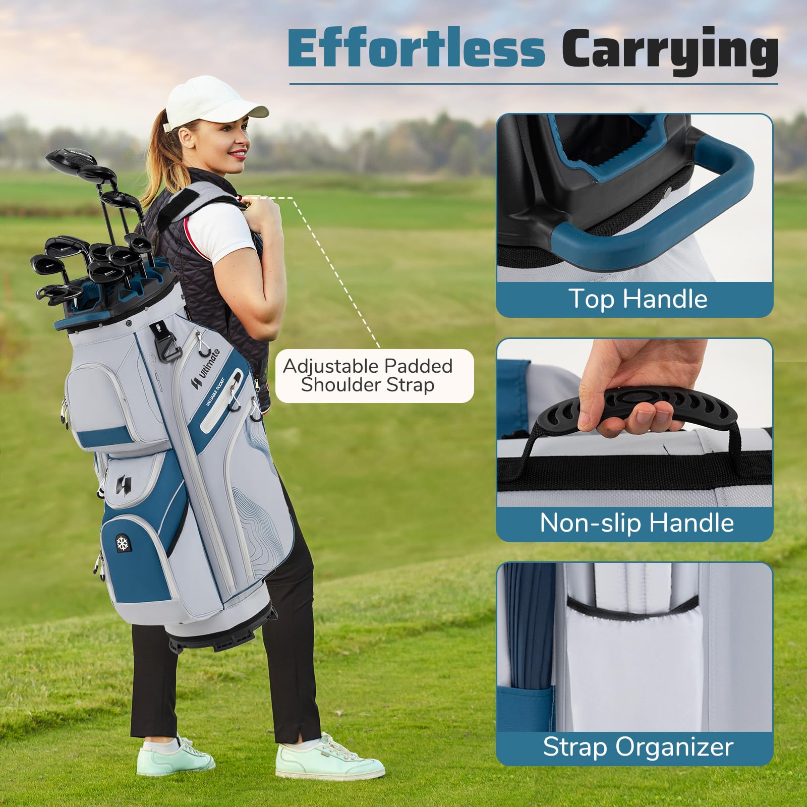 FANTASK Golfwagentasche mit 14 er Unterteilung & Tragegurt, Golfbag, leichtes Golf Cart Bag mit Regenhaube & 11 Taschen für Herren & Damen, Marineblau