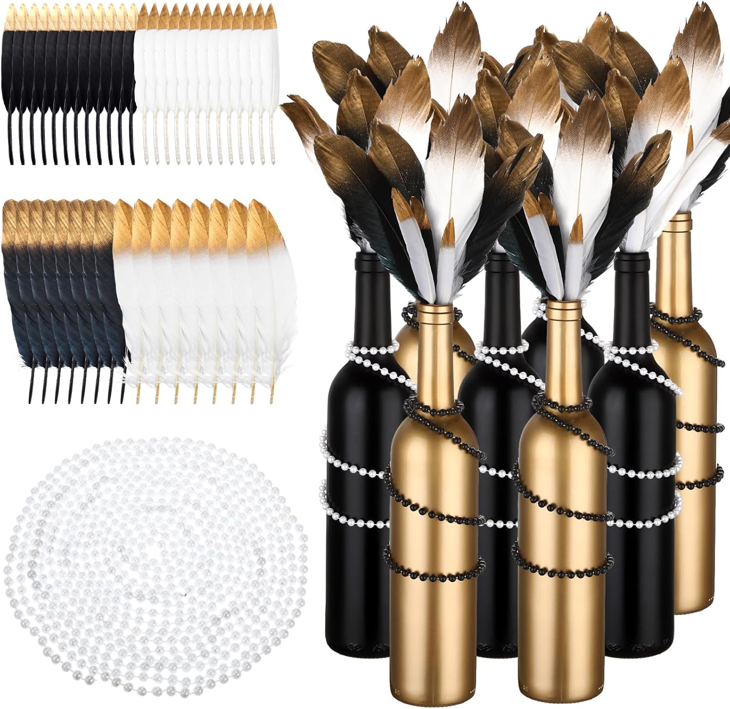 Umigy 49 Pcs Roaring 20s Party Decorations 8 Matte Coated Glass Wine Bottles 40 Dipped Feather 16.4 feet Long String of Pearls Bead for 1920s Themed Wedding Cake Table Centerpiece (Black with Gold)
