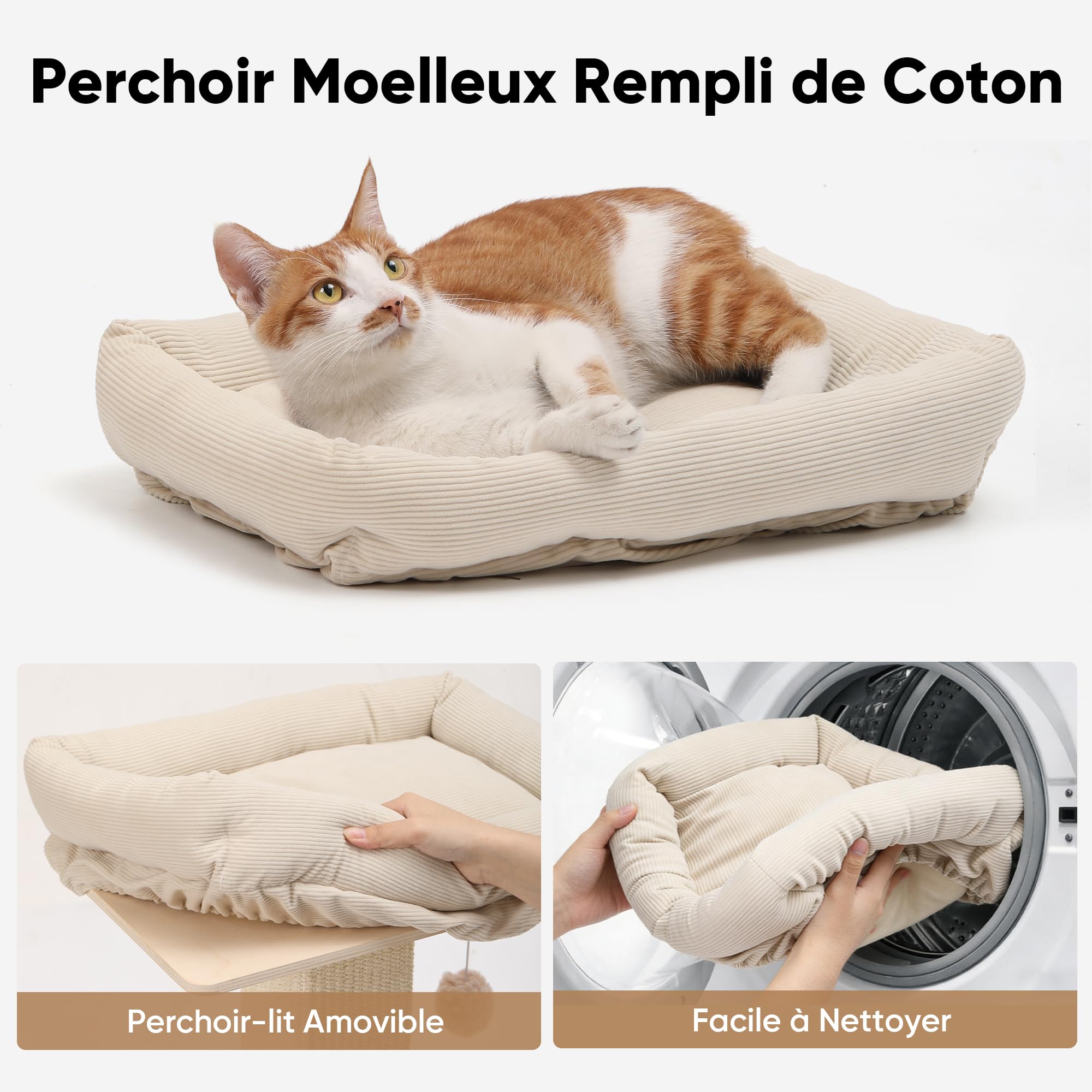 FUKUMARU Arbre à Chat, Style Rétro avec Perchoir pour Chats d'Intérieur, Grande Tour à Gratter avec Lit, Griffoir pour Chat Sisal Naturel et Bois Massif, Beige