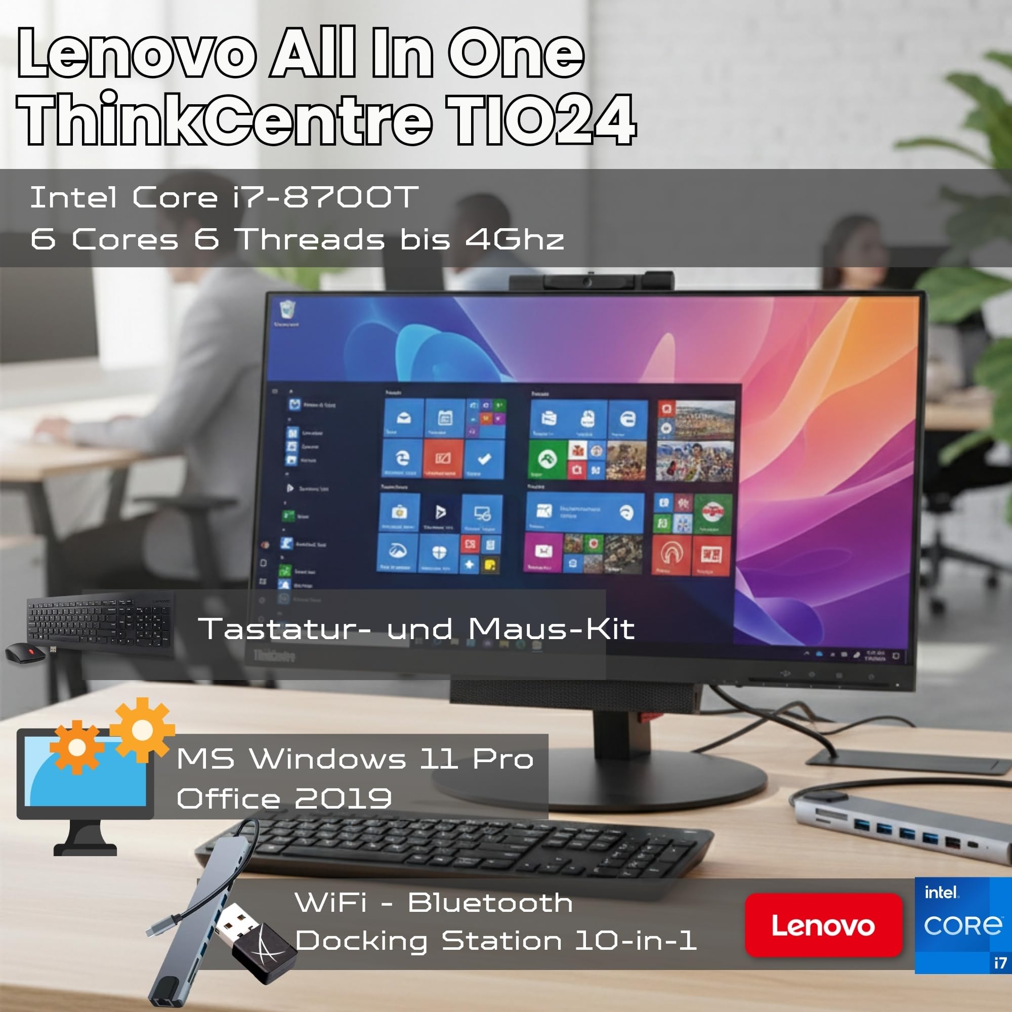 Lenovo All in One ThinkCentre TIO24 24 Zoll Full HD | Intel Core i7 | 16 GB | 512GB SSD | DOKING Station 10 IN 1 Webcam Win 11 Pro 36 Monate Garantie Generalüberholt (Kit Tastatur und Maus Italian)