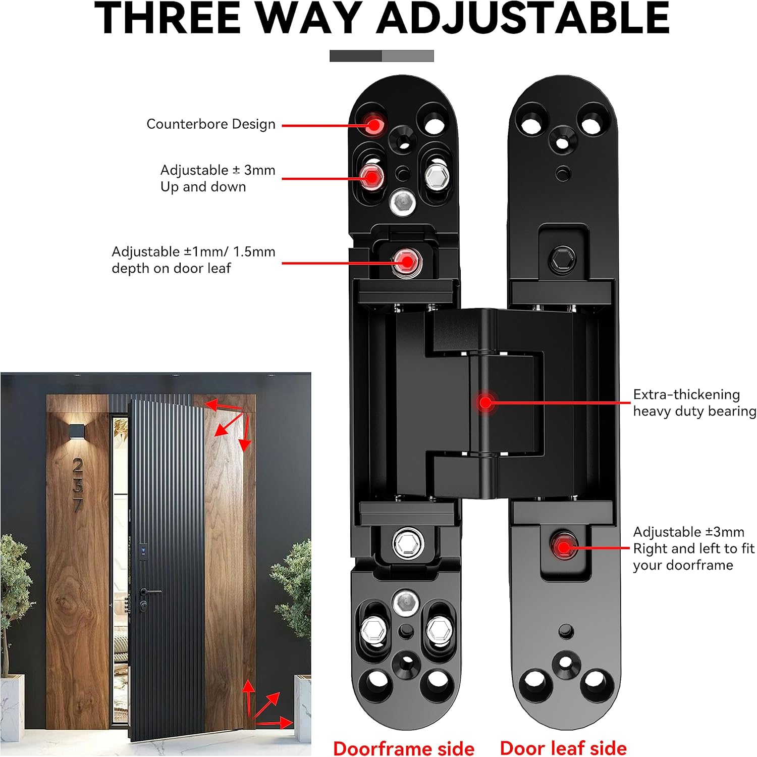 TOGU Hidden Door Hinge for Secret Door, Zinc Alloy Hinge kit can outswing 180 Degree, top Load Capacity of 176 lbs for 2 pc of Butt Hinges, 3 Way Adjustable Concealed Hinges Black, 1 pc