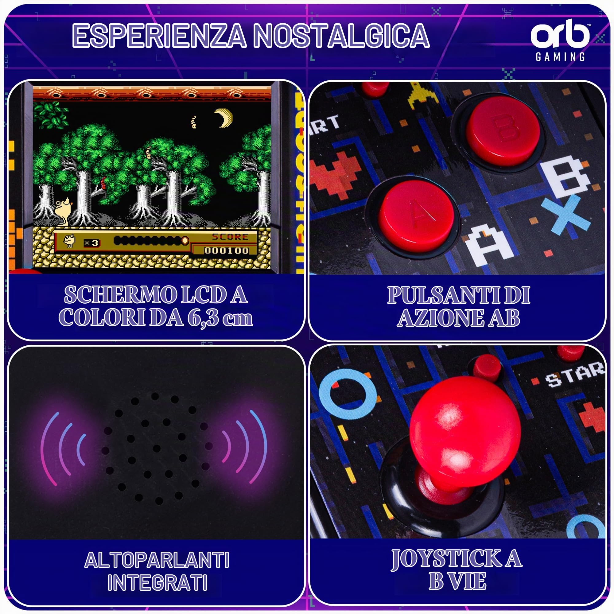 Orb - Mini Arcade Machine, 300 giochi in-built, giochi arcade retrò a 8 bit, schermo a colori da 2,5", joystick a 8 vie, 2 pulsanti, controllo del volume