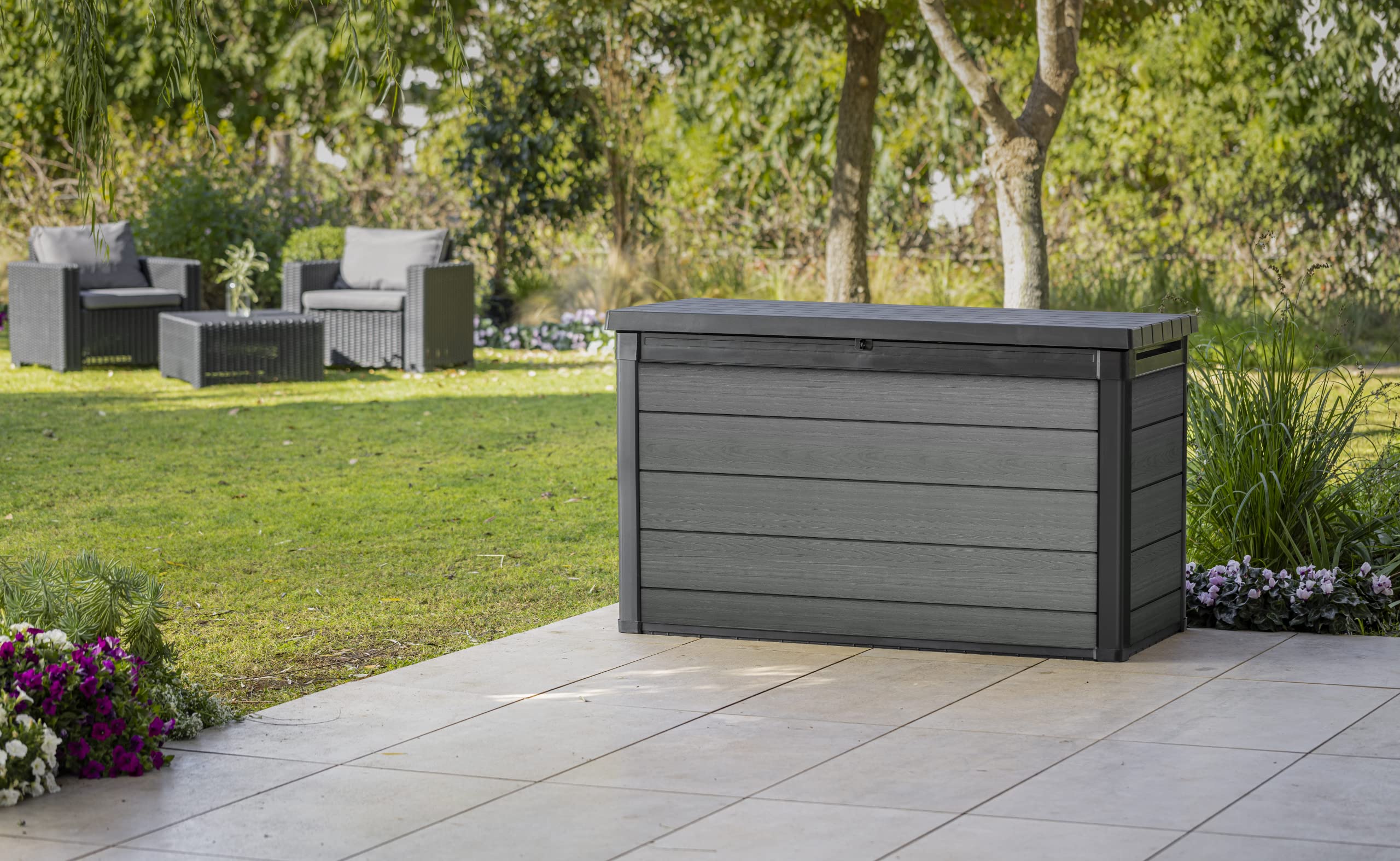 Keter Cortina - Caja para cojines (200, 757 L, dimensiones exteriores: 151,7 x 72,5 x 90 cm, resistente a la intemperie, impermeable, material Evotech)