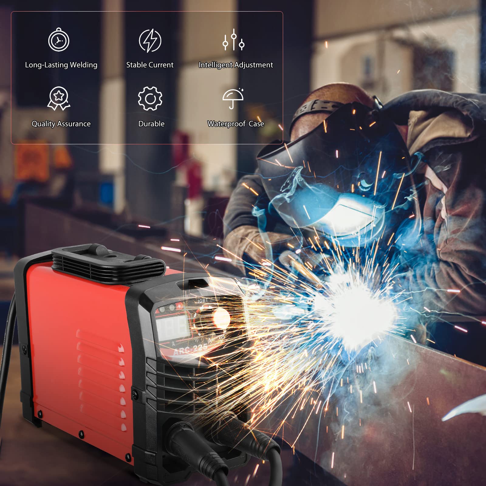 Poste a Souder ARC 220V 225A, machine à souder électrique portable IGBT avec écran digital LCD pour les soudeurs et la maintenance de divers équipements (Rouge)