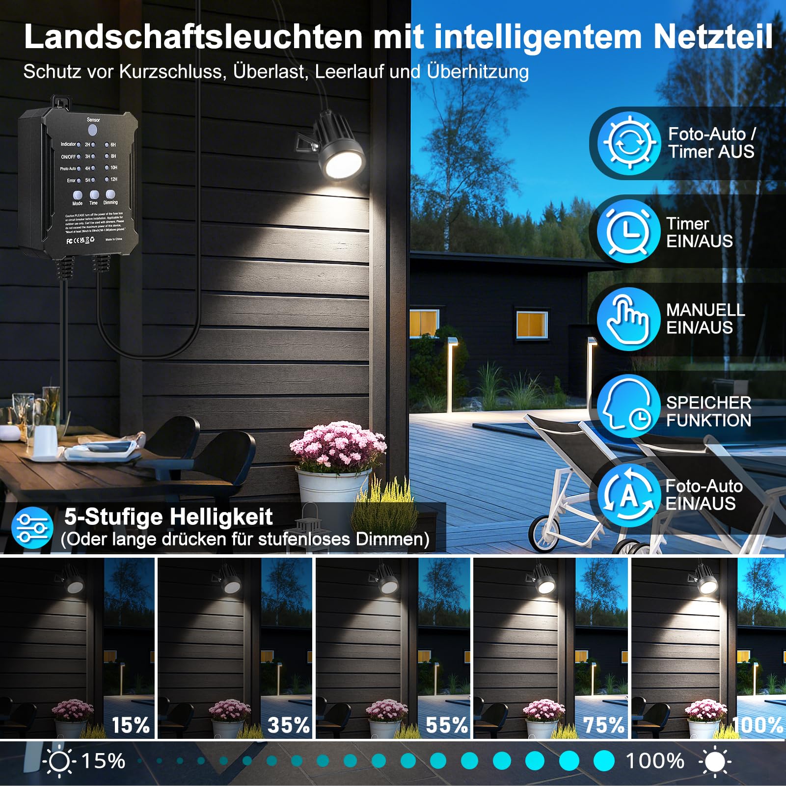 LightingWill Zewnętrzne oświetlenie ogrodowe LED z palikiem, 8 sztuk, oświetlenie 24 V z czujnikiem zmierzchu i timerem, zimna biel 5000-6000 K, IP65, do ścieżek, tarasu i ogrodu