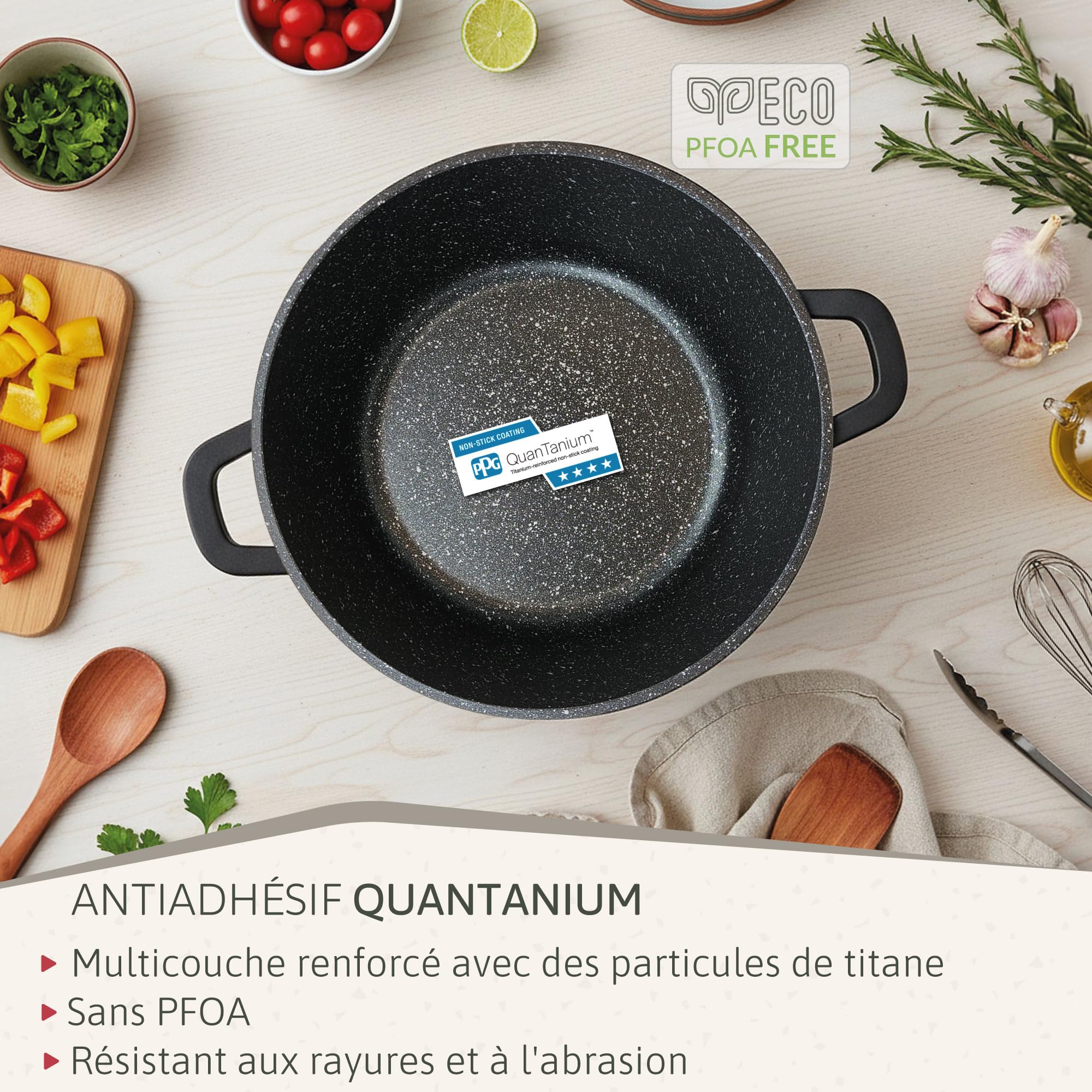 briebe Black Titanium Batterie de Cuisine Induction 6 Pièces Antiadhésive Titane, Lot de 3 Casseroles en Fonte d'Aluminium sans PFOA, Couvercles en Verre, Poignées Amovibles en Silicone