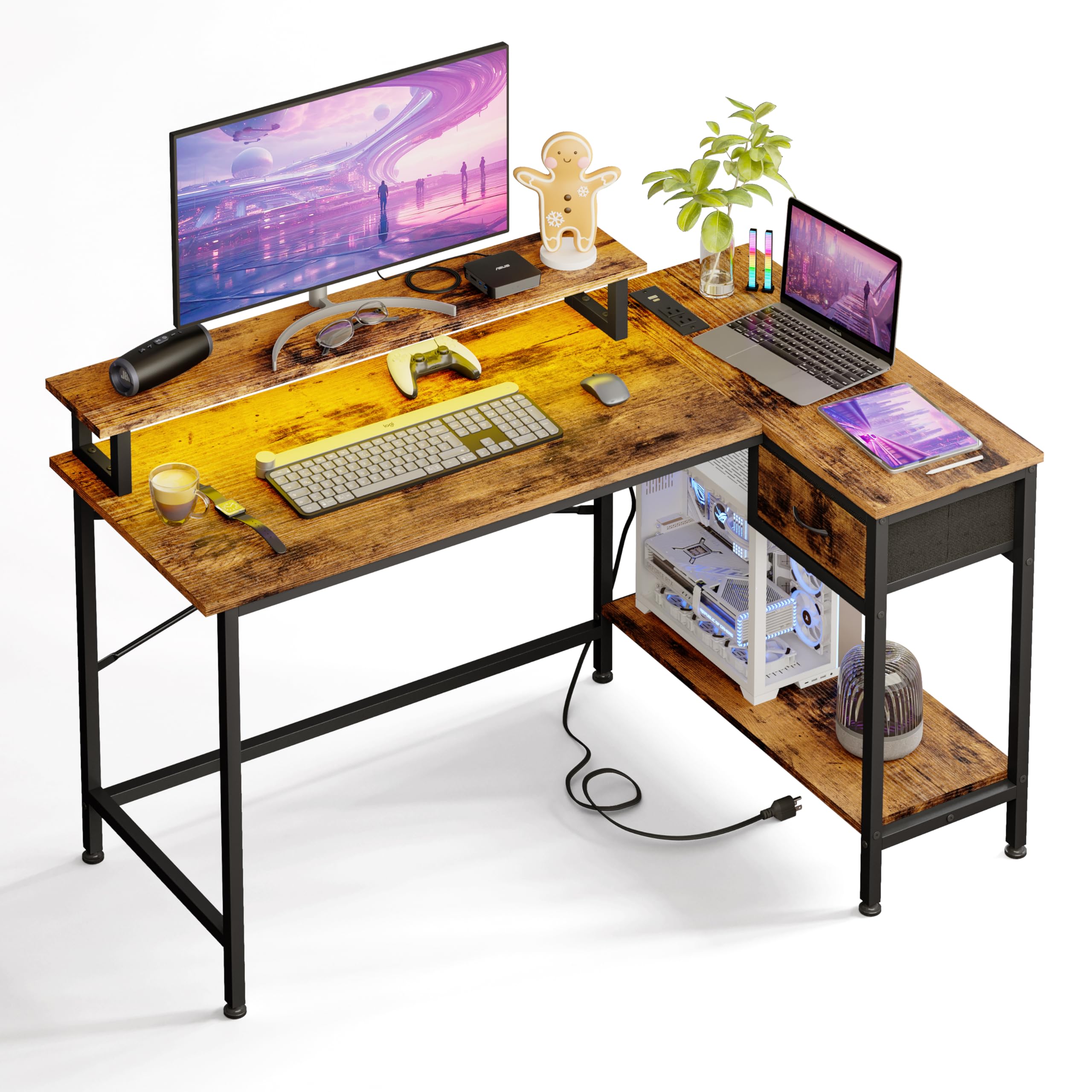 Fixwal L Shaped Desk with Power Outlets and LED Lights, Gaming Computer Desk, 43 Inch Small Corner Desk Home Office Desks with Drawer, Writing Desk Study Desk, Rustic Brow