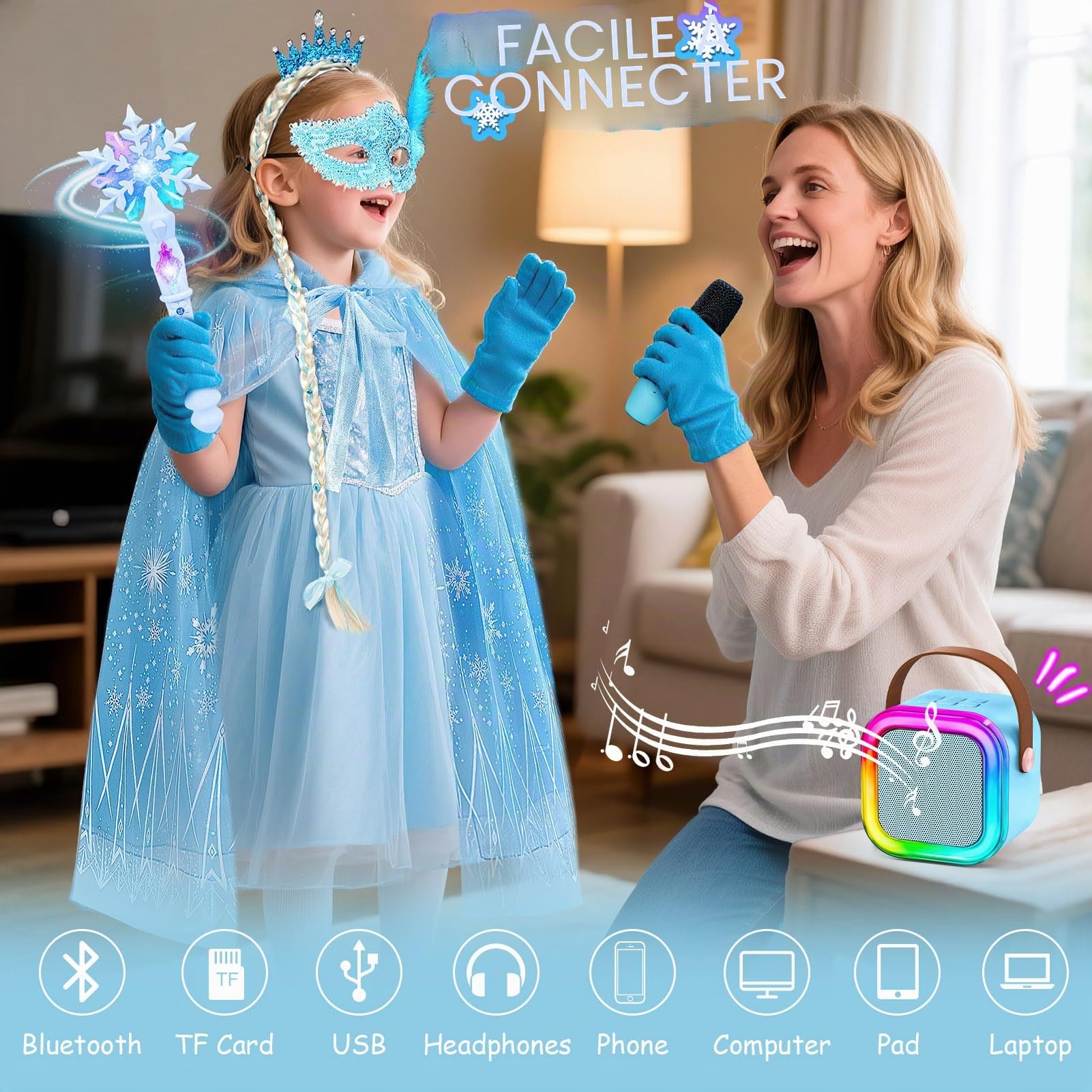 G.C Reine des Neiges Jouet Cadeau Fille 4 5 6 7 8 Ans, LED Micro Karaoke Enfants avec & Micro & Déguisement Accessoires & Baguette Magique, Cadeau pour Enfant Fille