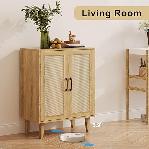 Miniatura 4 de Gabinete de buffet decorado de ratán  Armario de almacenamiento de estilo simple de 2 puertas, zapatero con estantes ajustables, aparador para