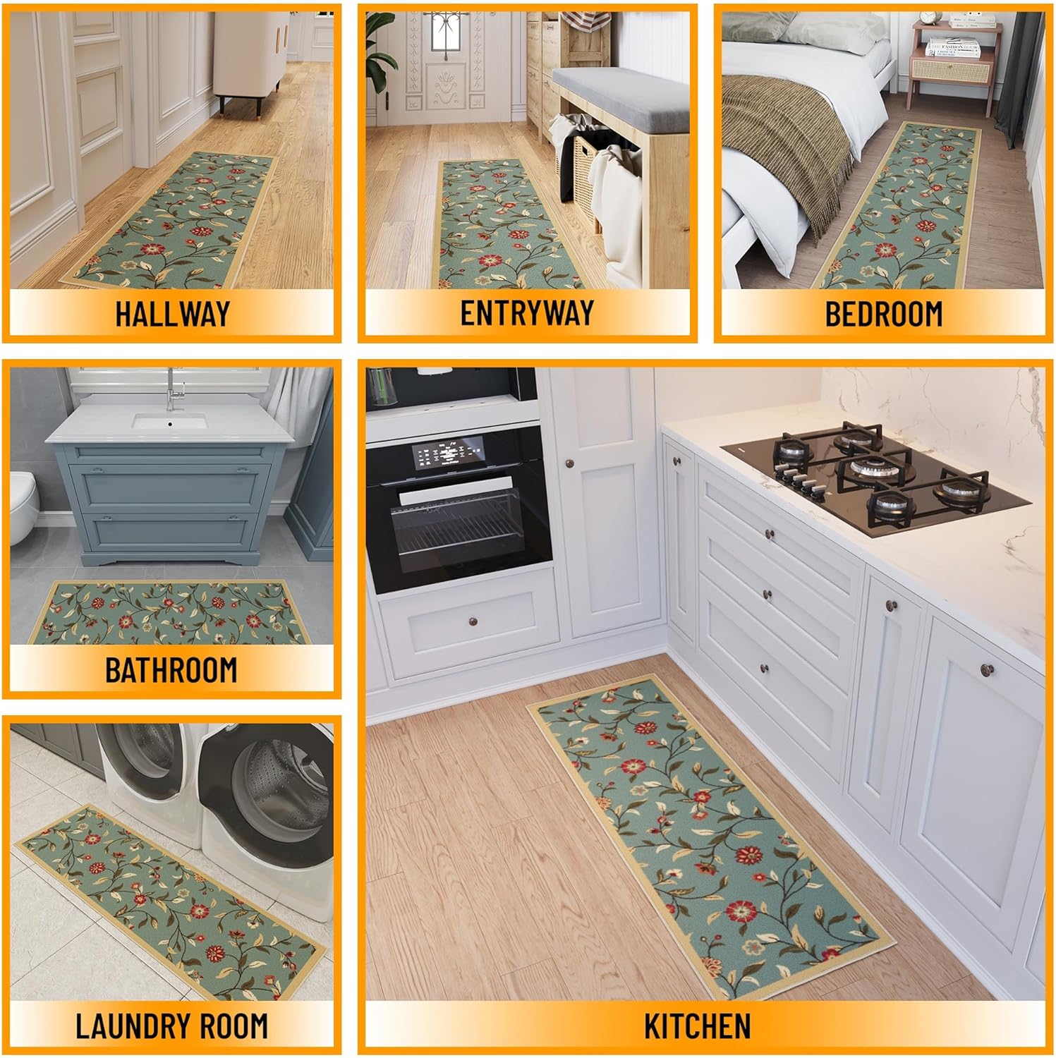 Ottomanson Hallway Runner Rug 20" x 59" Non Slip Floral Area Rugs Easy to Clean Laundry Rug Runner Durable Floor Carpet Runners for Hallways Entryway Living Room Kitchen Bathroom, Seafoam Green