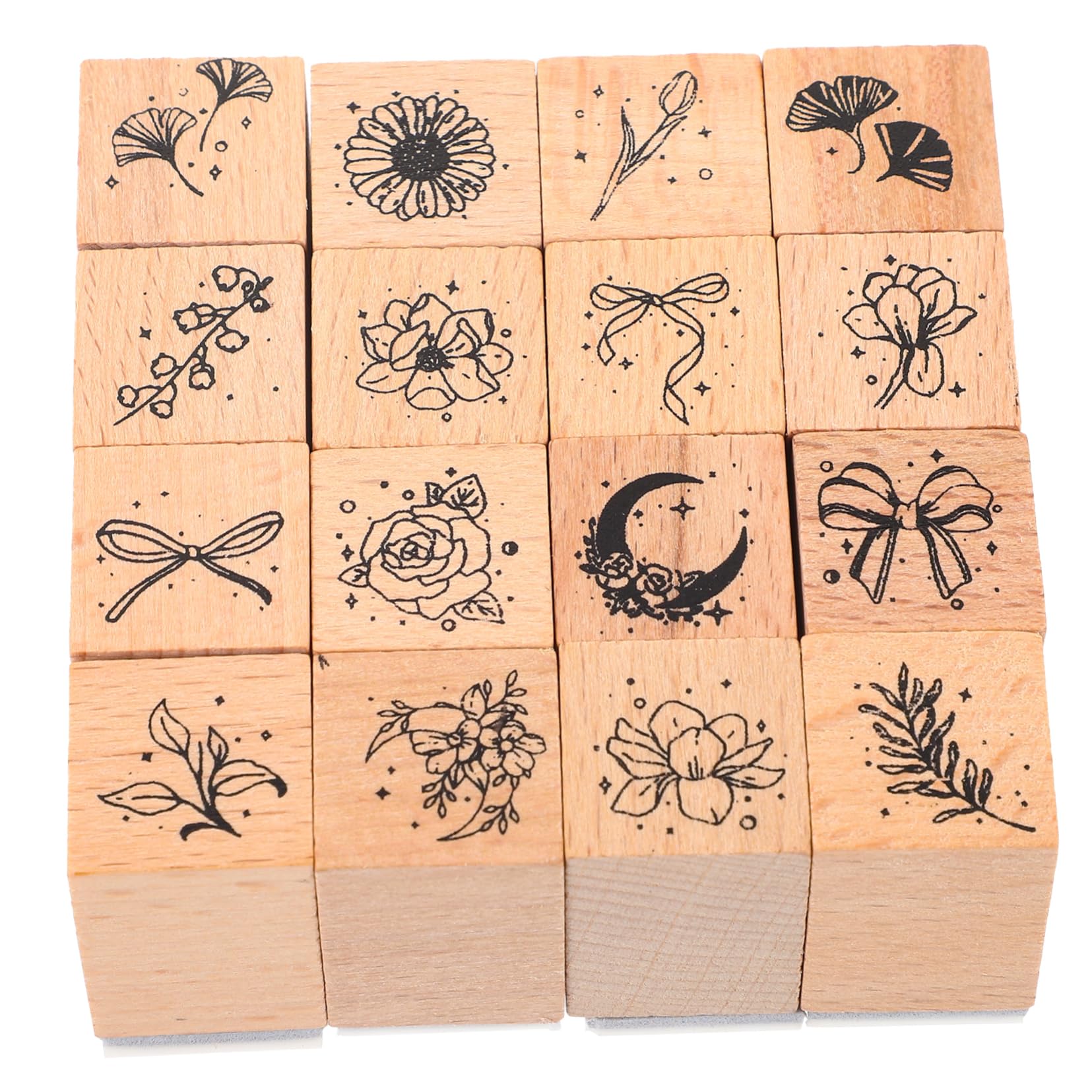 NUOBESTY 5 Set Timbri Per In Legno Collezione Di Fiori E Piante Serie Di Timbri Retrò Set Di 16 Timbri Di Prima Classe Etichette Kit Per La Creazione Di Diari Timbri 16 pezzi * 5