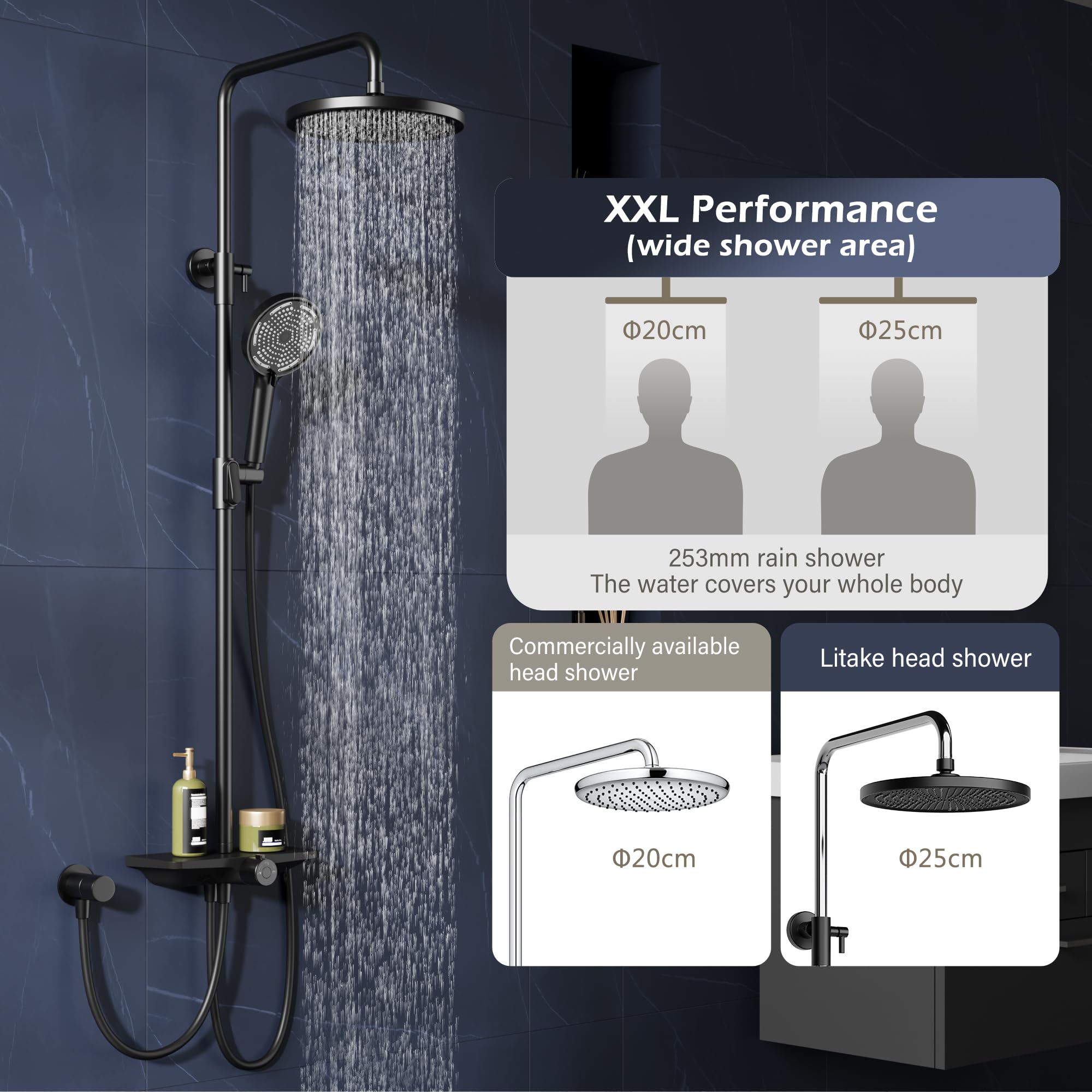 Zstar Modernes Duschsystem Komplettset ohne Armatur – Höhenverstellbare Edelstahlduschsäule mit 25 cm runder Regendusche – Handbrause mit 3 Strahlarten – Mit Ablage – Für modernes Bad