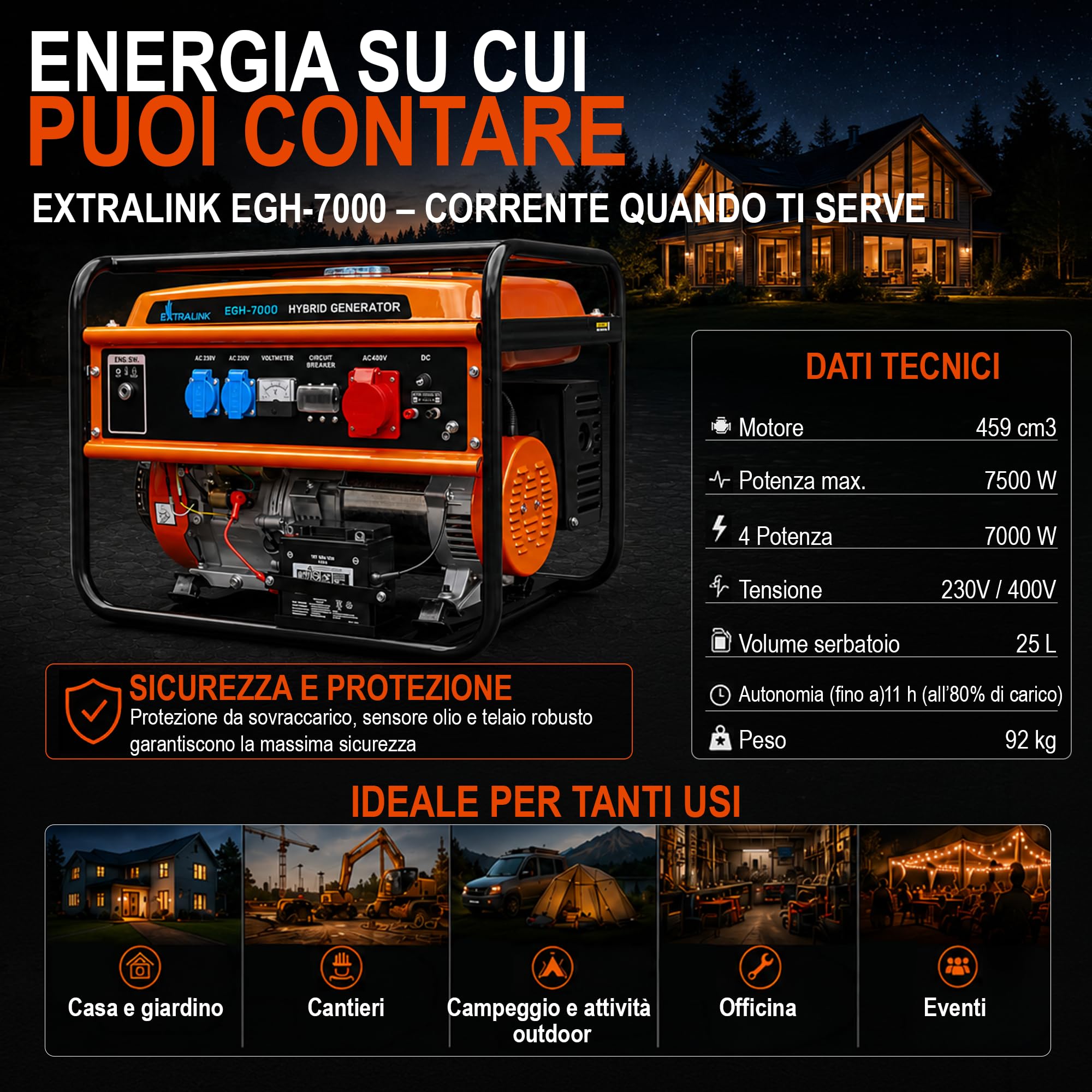 EXTRALINK EGH-7000 Generatore di corrente ibrido GPL CNG benzina 7 kW 3F 7000 W Capacità serbatoio 25 l Sistema di protezione da sovraccarico Easy-Start 2 x AC 230 V