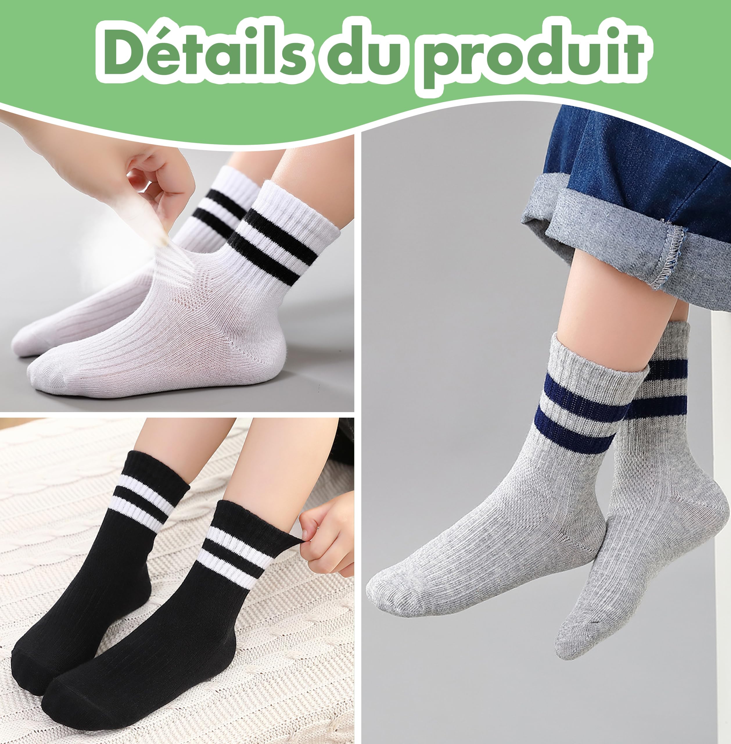 Lot de 12 paires de chaussettes de tennis unisexes en coton pour enfant garçon et fille