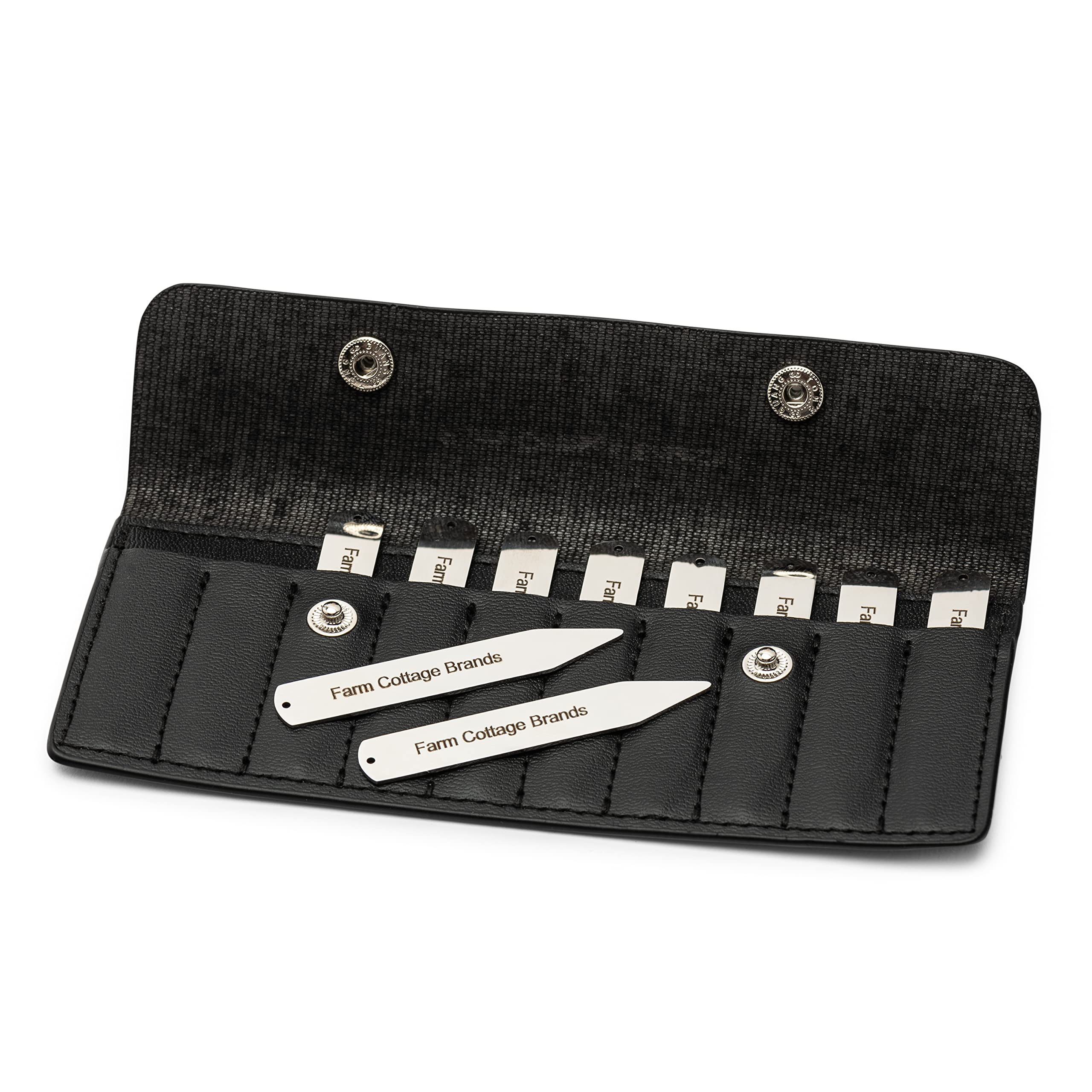 Farm Cottage Brands Unisex Stainless Steel Set Of Ten Shirt Collar Stiffeners/Collar Stays In A Black Leather Case