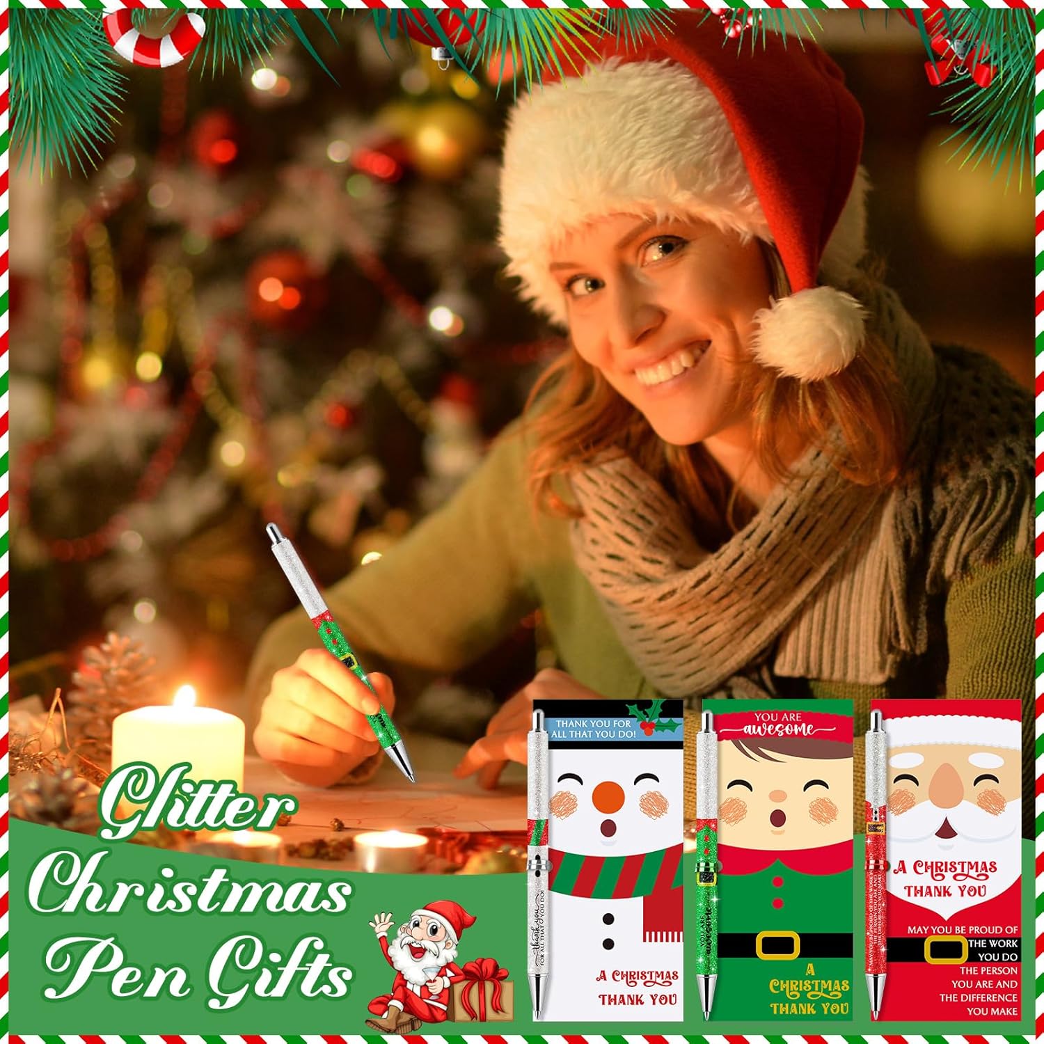 Sayglossy 50 Sets Christmas Glitter Pen Gifts Bulk Glitter Santa Claus Novelty Pens Snowman Elf Inspirational Christmas Ballpoint Pens with Thank You Cards for Employee Teacher Coworker