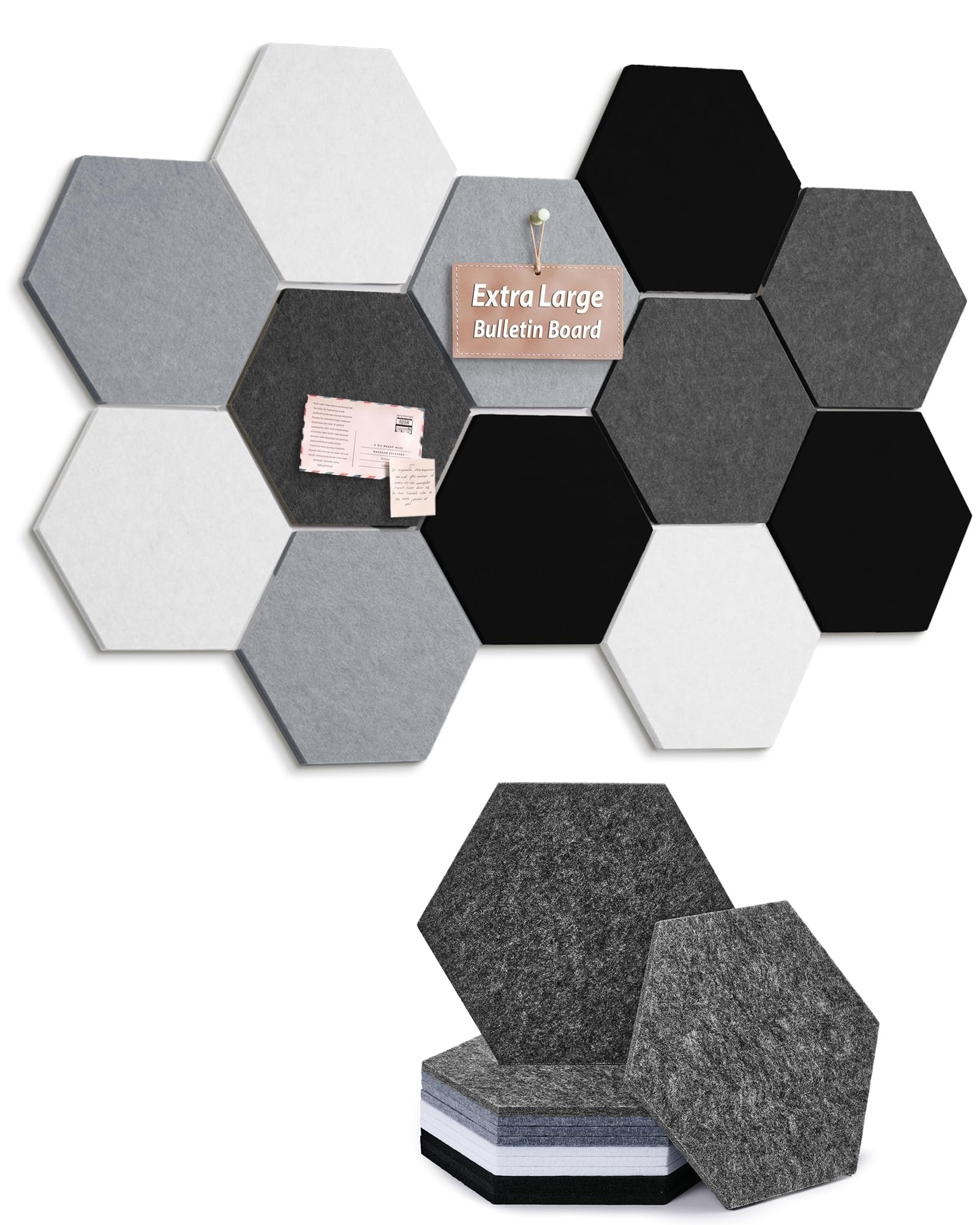 Meowoo Hexagon Cork Board Tiles 12Pack, Black & White&Gray