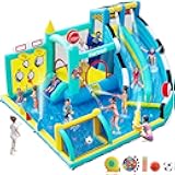 Bounce House Double Slides for Kids 3-10, Large Bounce Castle with Air Blower 550W, Pool, Jumping, Climbing, Balls, Ring Toss, Inflatable Water Park for Birthday Party Holiday Outdoor Indoor