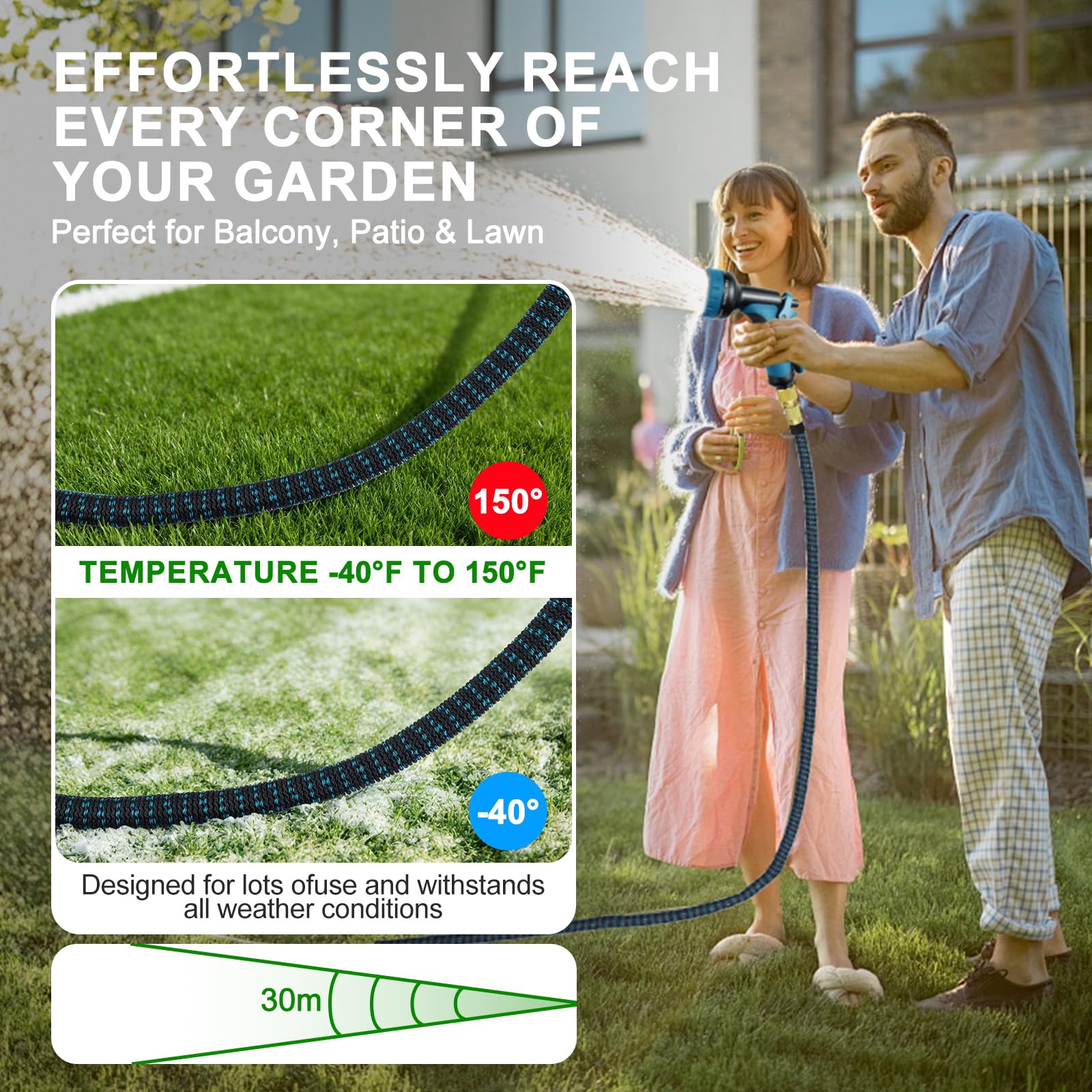 Tuyau d'arrosage extensible Pgtc 30m/100ft, Tuyau d'eau flexible triple couche, Pistolet de pulvérisation à 10 fonctions avec raccords 3/4" et 1/2", Tuyau d'arrosage rétractable extra-long léger pour