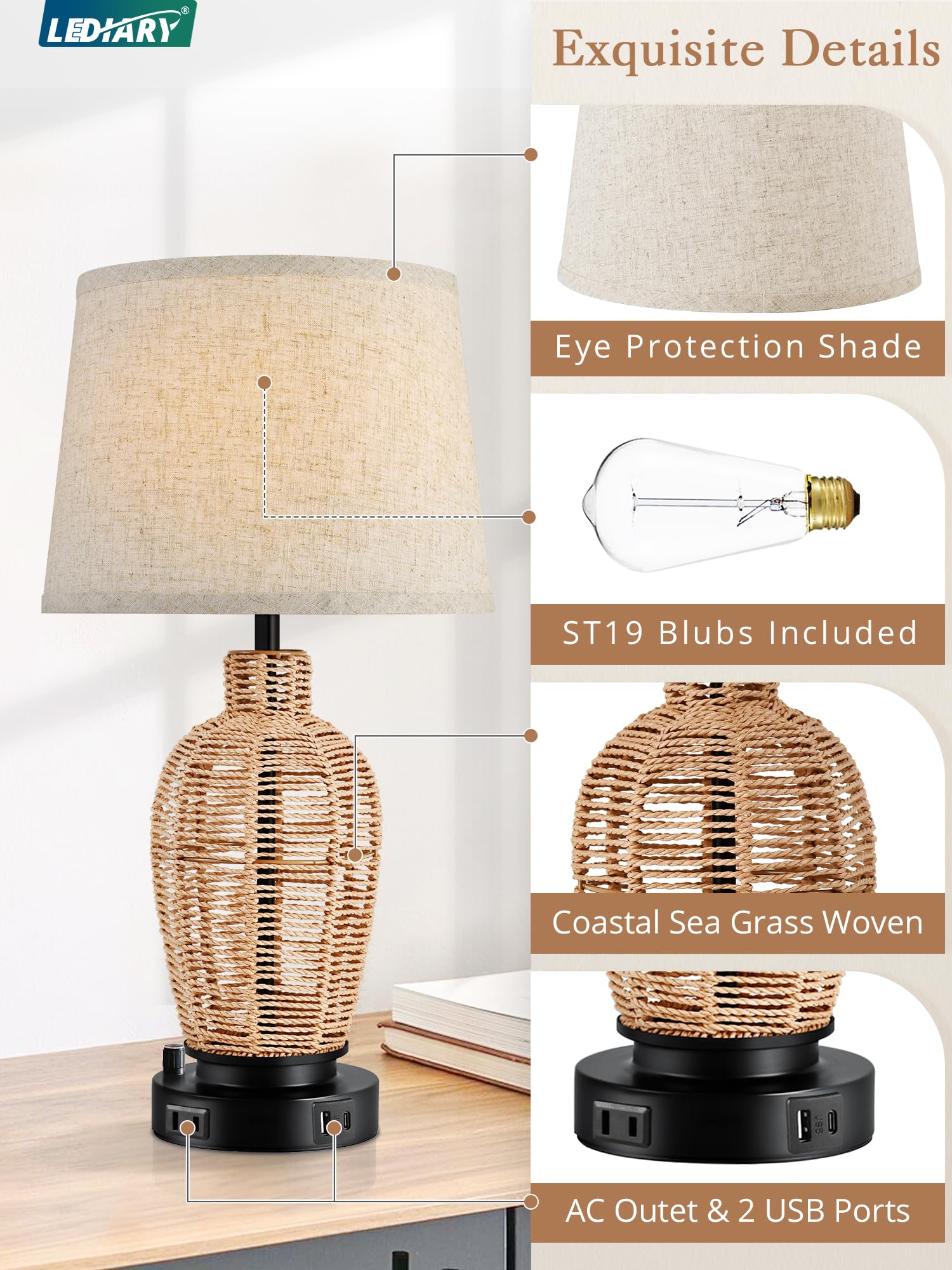 LEDIARY Boho Rattan Table Lamps with USB Ports and Outlets, 0100