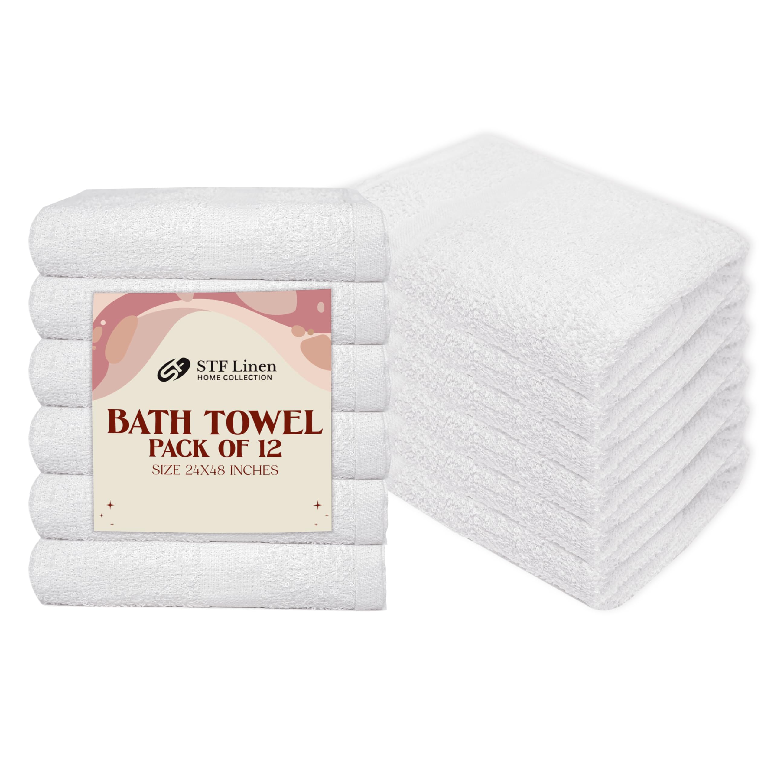 STF Linen (Pack of 12 White Bath Towels Bulk 24x48 Inches - Economy Cheap Bath Towels for Commercial Uses, Gym, Salon, Spa & Hair -Lightweight Bath