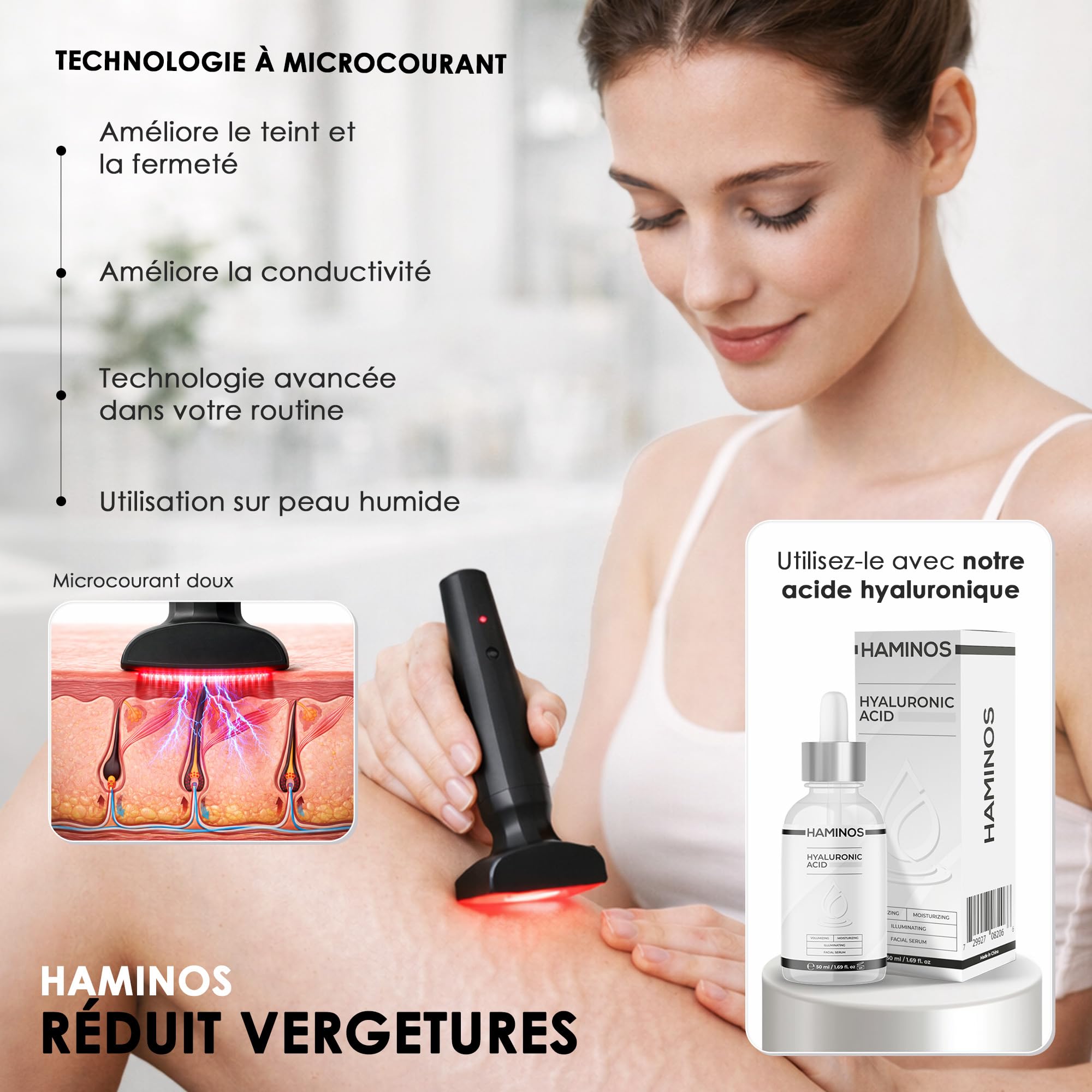 Derma Stamp 0,25 mm pour Cuir Chevelu et Peau, Appareil Microneedling 4 en 1 avec 2 Têtes d’Aiguilles, Lumière Rouge, Microcourant, Vibration, Recharge USB-C