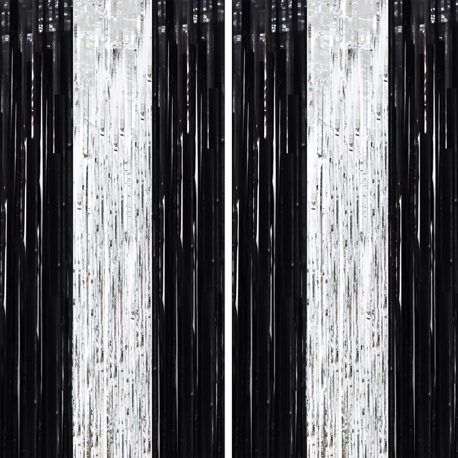Voircoloria Black Silver Foil Fringe Backdrop Curtains,3.3x6.6ft, 2 Pack