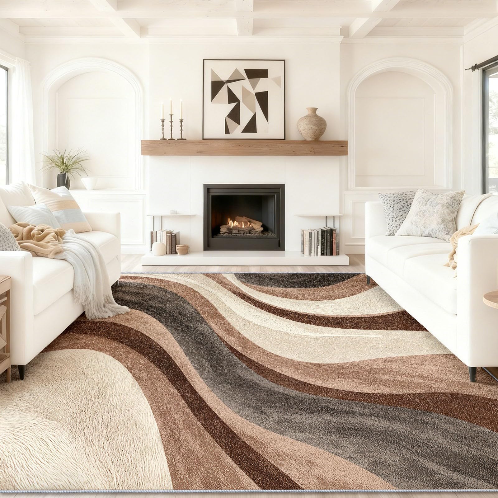 Tapis Salon 120 x 180 cm, Marron Moquette Ras Imprimé Moderne Abstrait Élégant Rayures, Moquette Lavable en Machine Antidérapant, Tapis Doux en Fausse Laine pour Chambre d'enfant