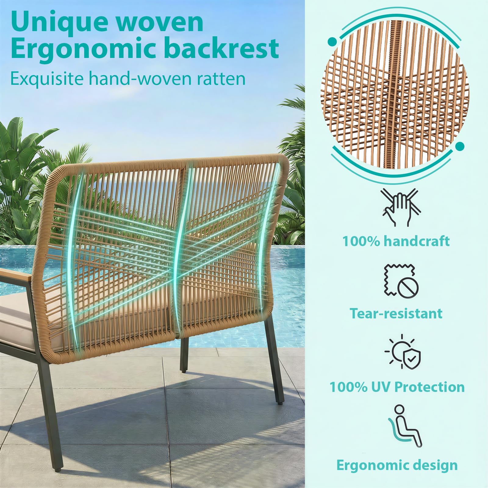 LIFERUN Gartensofa Rattan, 2-Sitzer Rattansofa Polyrattan, Sitzbank Outdoor, Gartenmöbel Metall und Rattan, Wetterfest, WPC Armrest, 64x115x94cm, Balkon Bank für Terrasse,Garten und Veranda, Beige