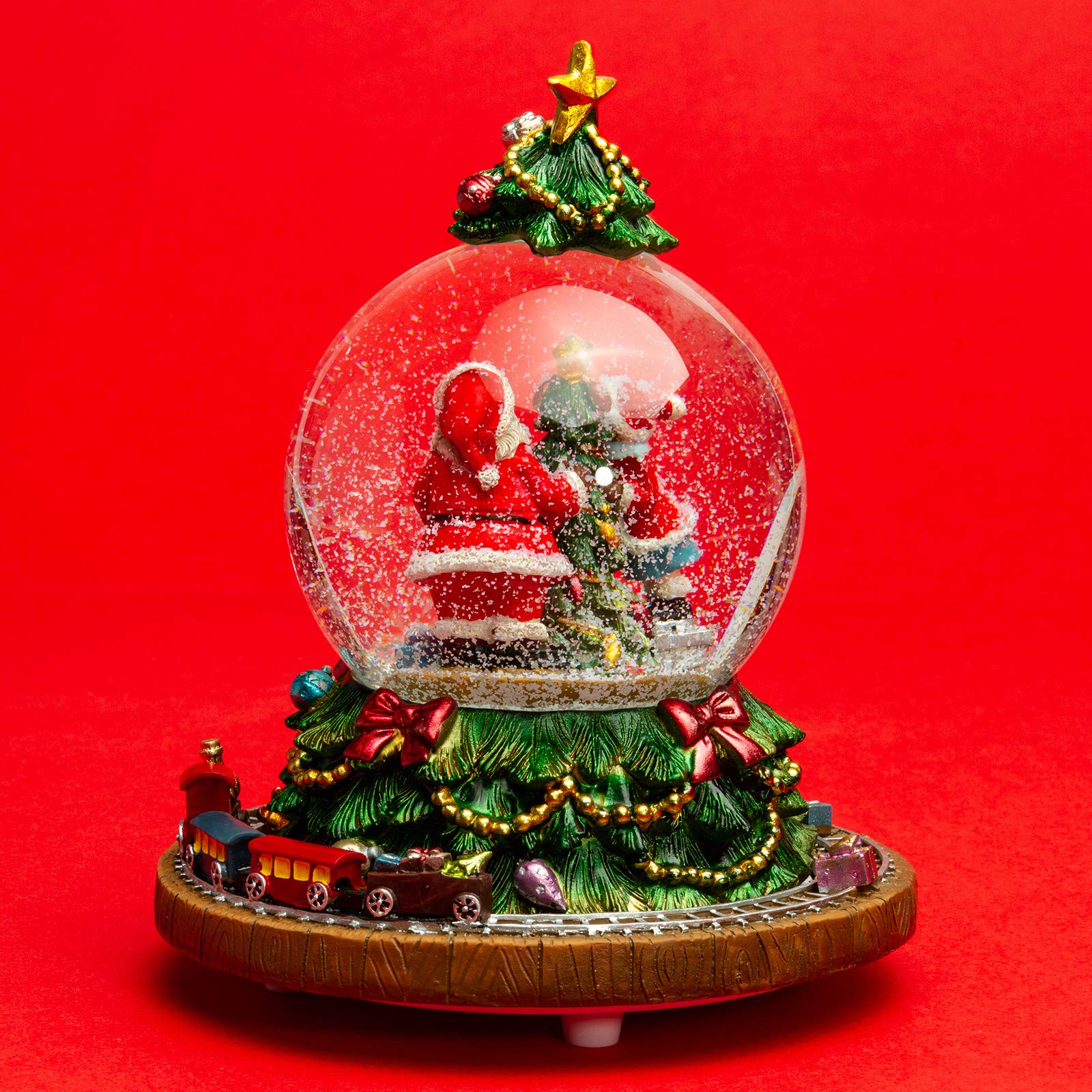 SIKORA SK18 Große Deko Glas Schneekugel Weihnachtsmann am Baum mit Stern und fahrendem Zug D:100mm und aufziehbarer Spieldose