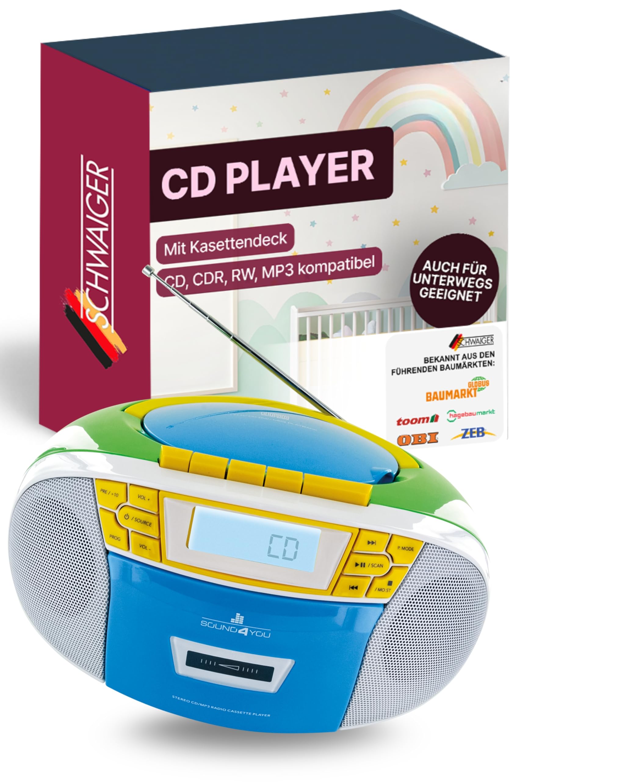 SCHWAIGER CD-Player I mit Kassettendeck & FM-Radio I tragbarer CD- & Kassettenspieler I CD-R, CD-WR, MP3, AUX, USB, FM kompatibel I im 90er-Jahre Retro Look I tragbar & kabellos