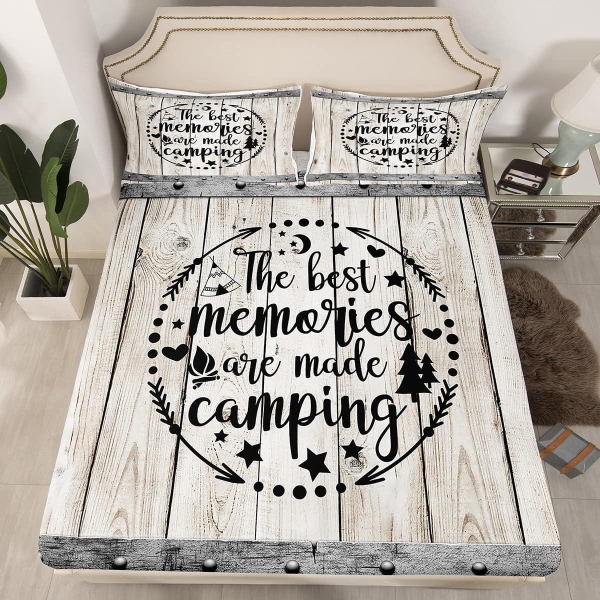 feelingyou Camping Adventure Bed Deep Pockets Double Size,Camper RV Trailer Fitted Sheet for Teens Adults Bedroom,Retro Wooden Plank Cottage Rustic Farmhouse Bed Cover 3pcs,2 Pillowcases,No Top Sheet