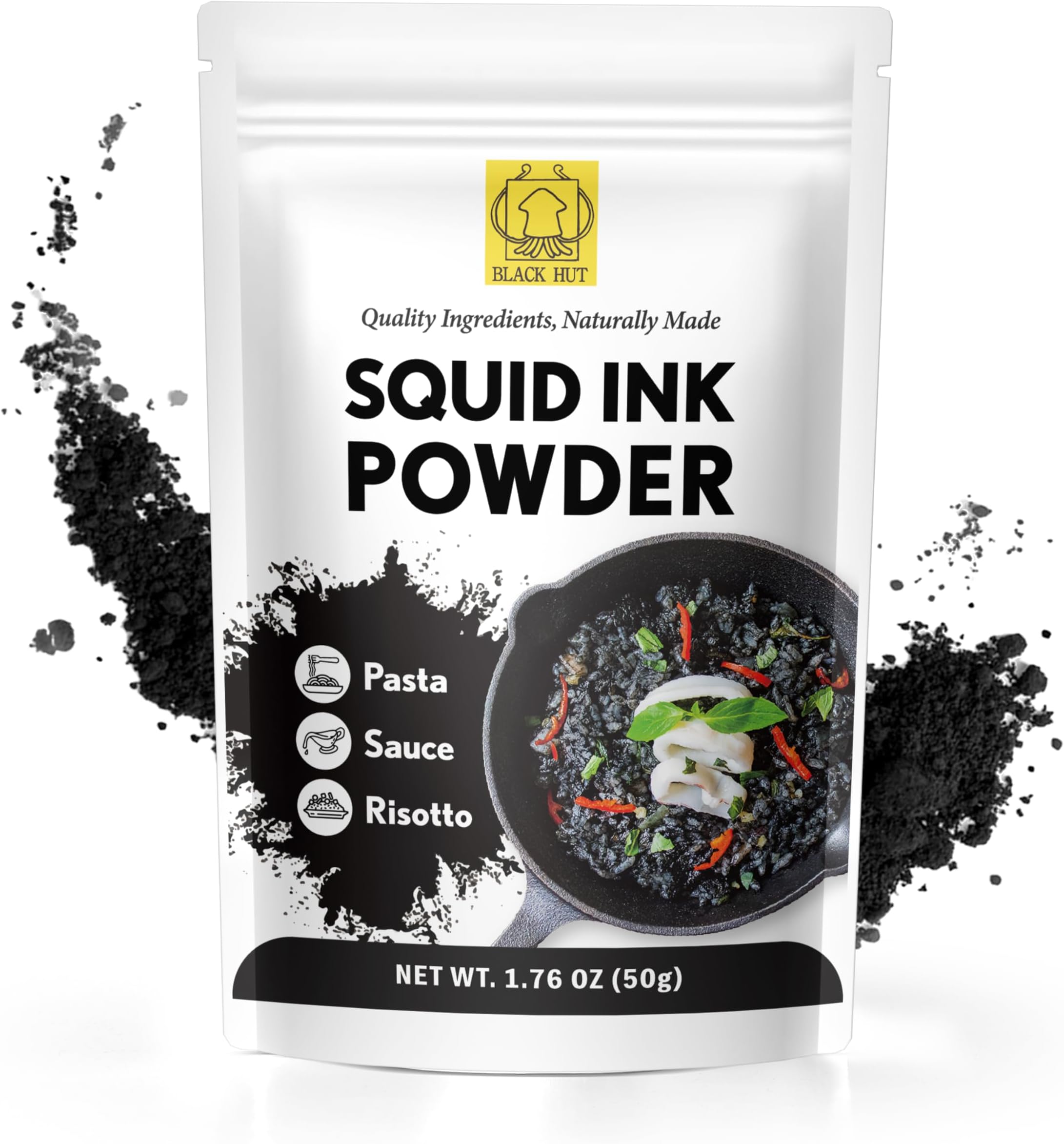Squid Ink Powder, Food Coloring for Rice Noodles Pasta Spaghetti Risotto, Nero Di Seppia, Tinta de Sepia, Halal Certificate, Contains Molluscs, 1.76oz / 50g (Pack of 1)