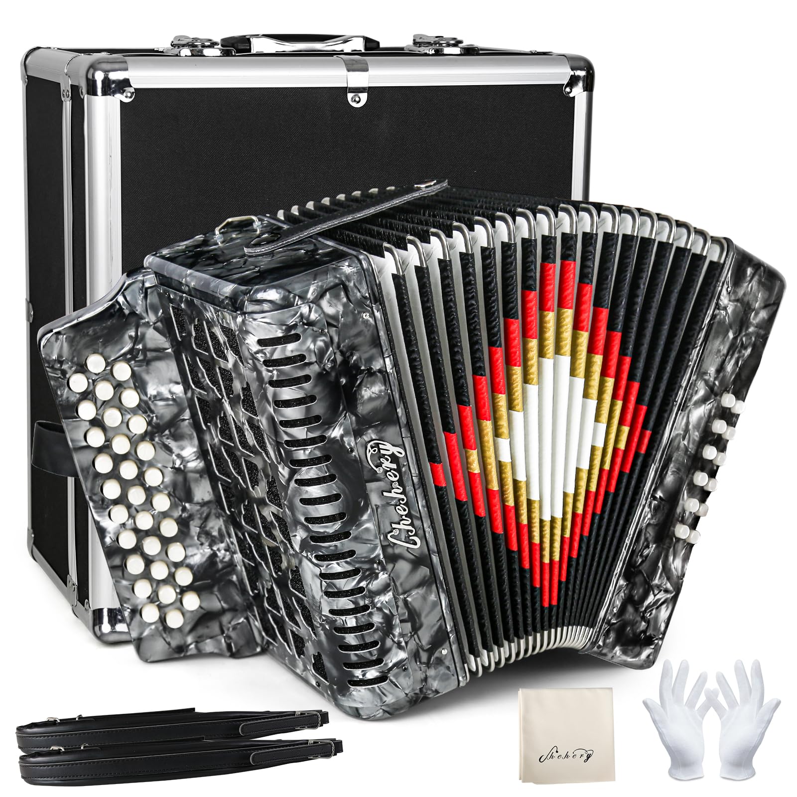 Accordion, 31-key 12-bass, push-pull heterophonic accordion, G/C/F tone adult accordion with carrying case, strap, gloves, wipe (Gray)