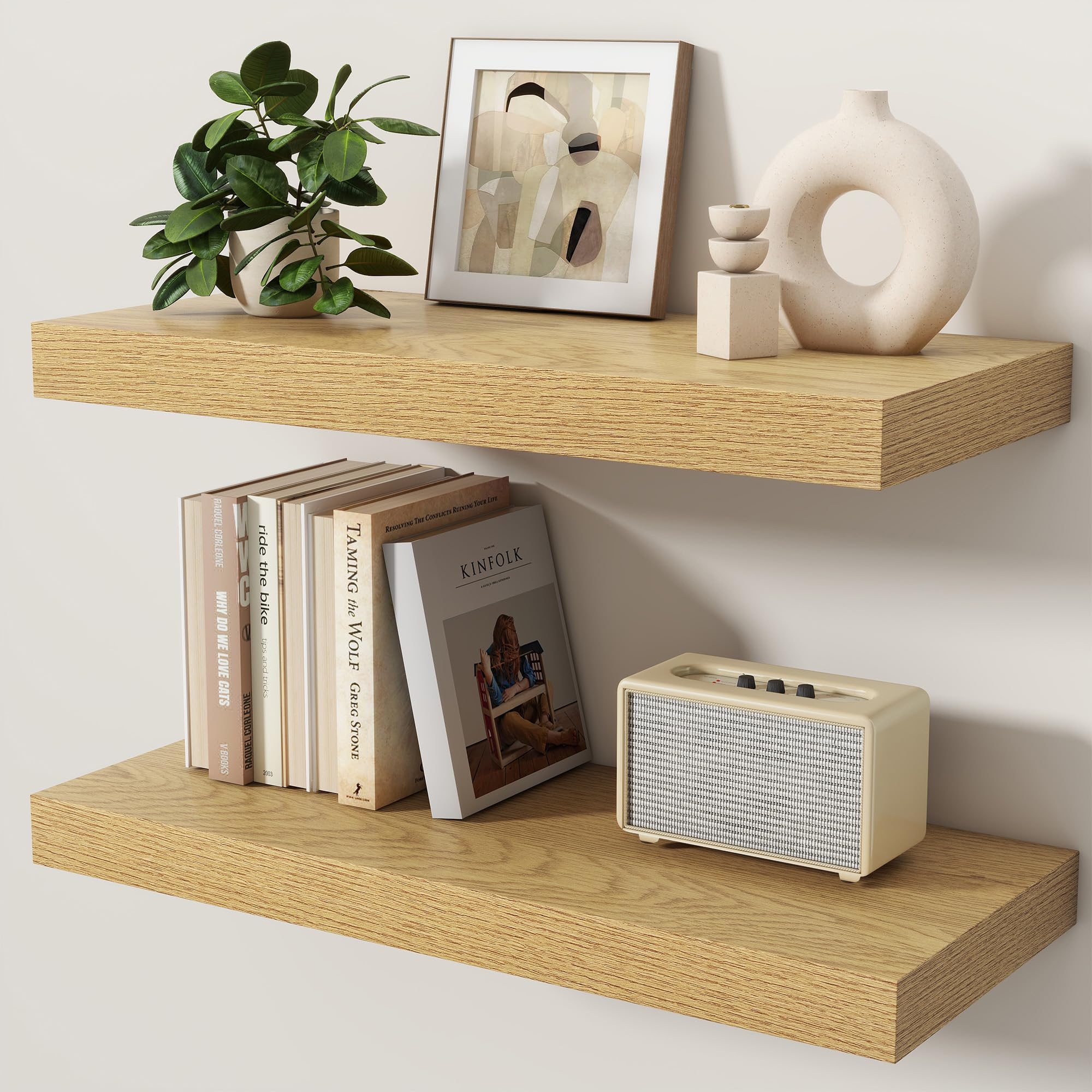 KovaScape Floating Shelves Set of 2, 60cm shelves for wall with Invisible Brackets, Heavy Duty Wooden Wall Mounted Shelf for Kitchen, Bathroom, Living Room, Bedroom