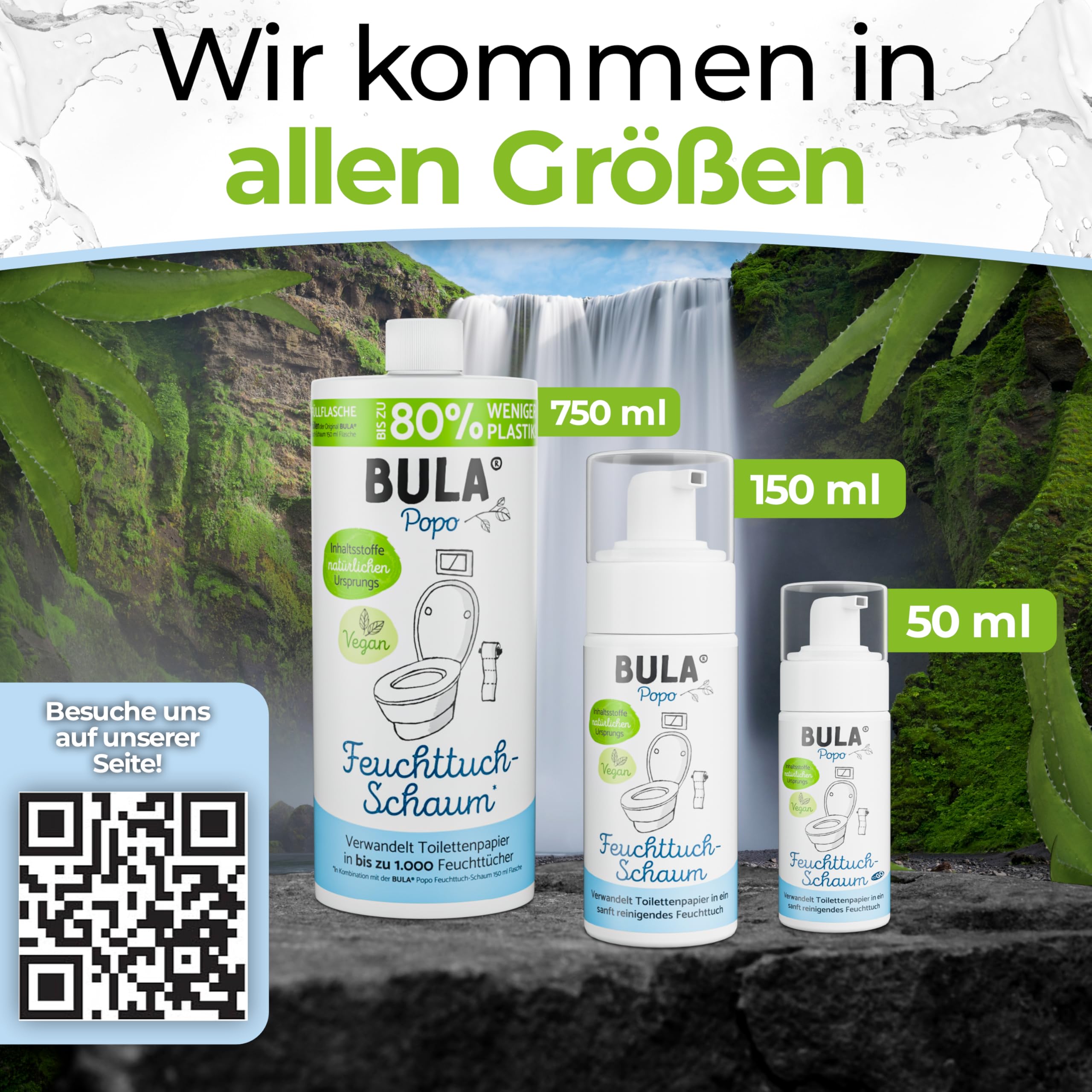BULA® Popo - Juego de botellas de cristal ecológicas con diseño de botella de cristal (vacía) + botella de recambio + bomba de espuma de flores con soporte | alternativa sostenible para toallitas