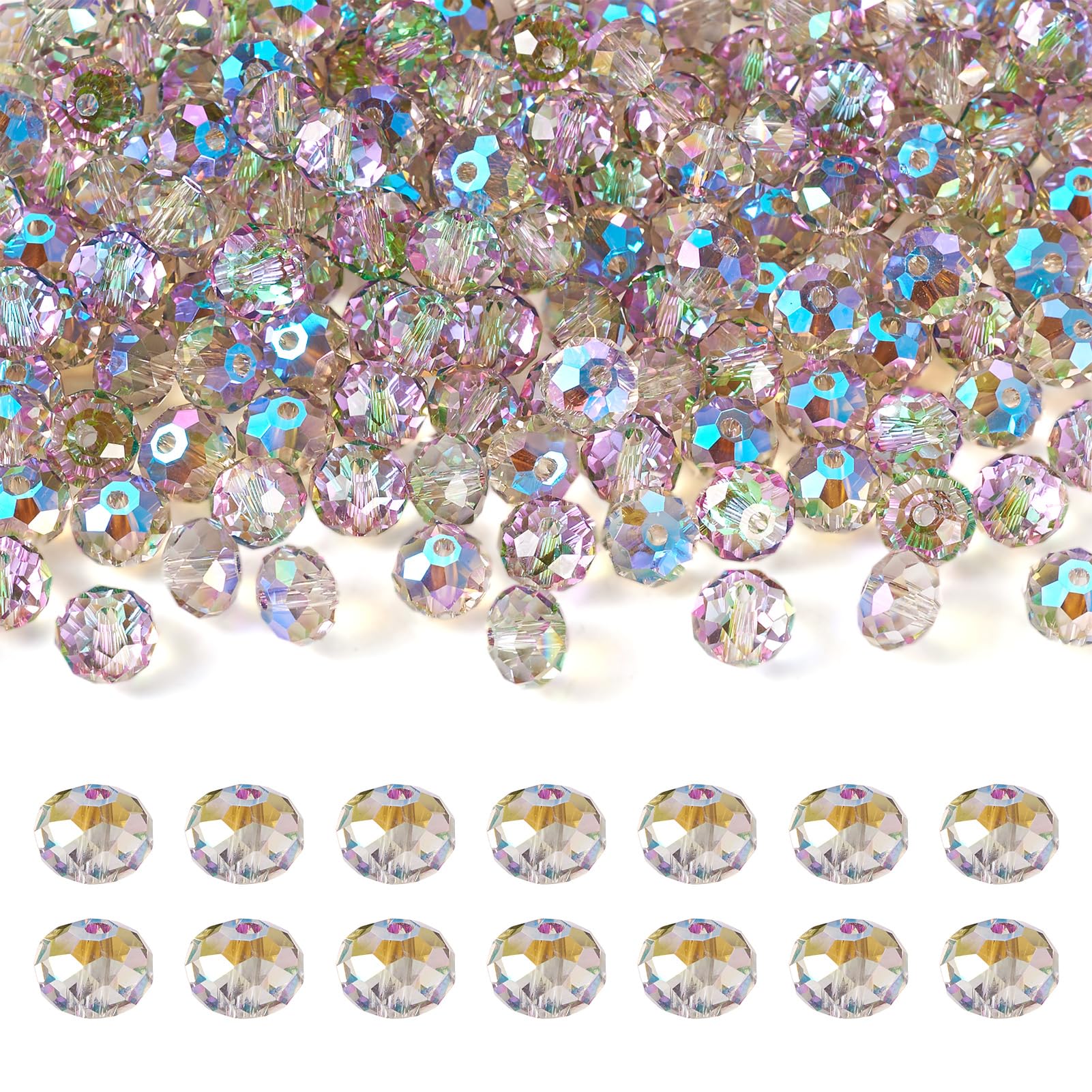 Spritewelry 200Pcs Rondelle Crystal Glass Beads 8mm Rainbow Plated Electroplate Loose Spacer Bead for DIY Craft Necklace Bracelet Jewelry Making