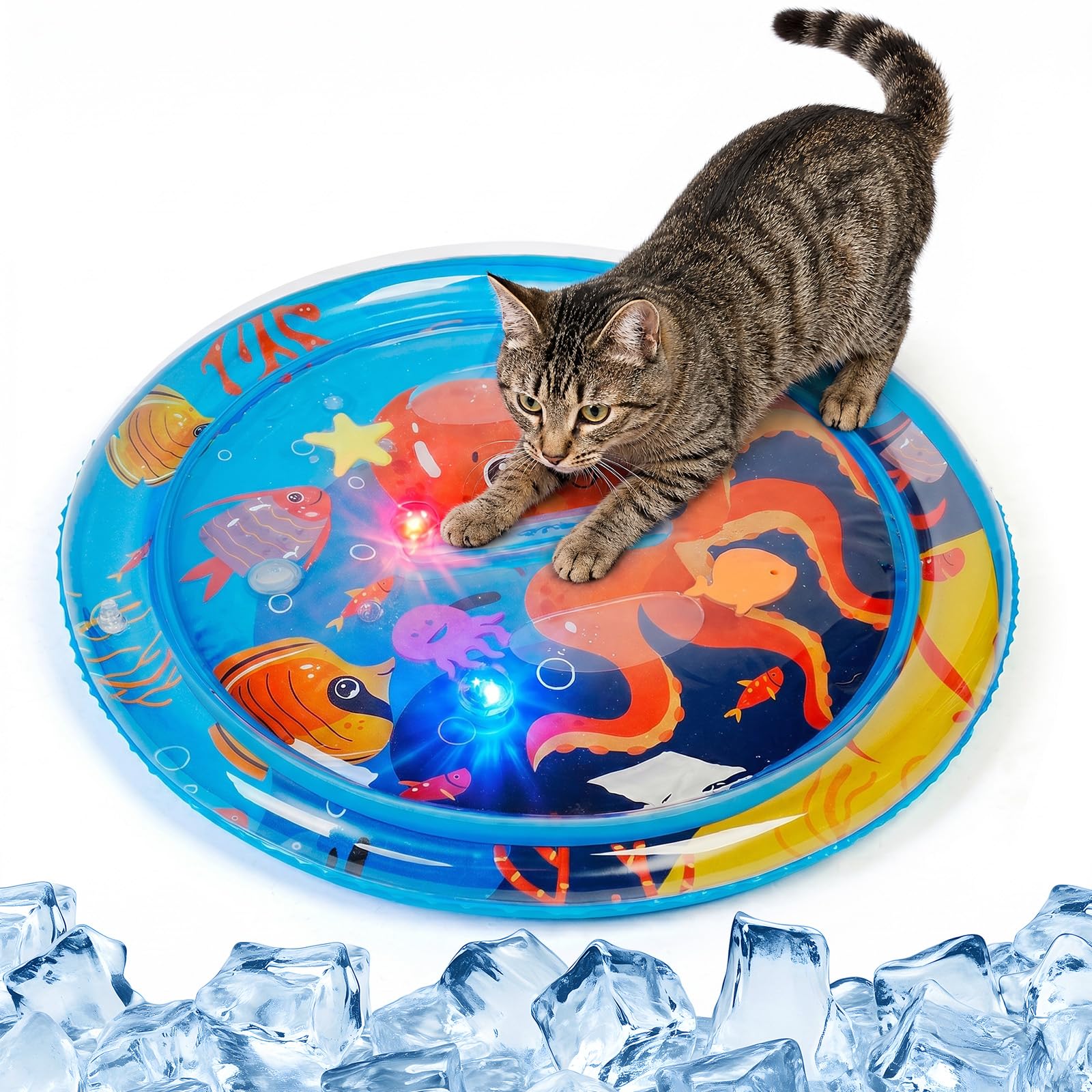 Supet Cooling Mat for Cats with Floating Fish and 2 Balls, Thickened Cat Sensory Water Play Mat, Pet Cooling Pad for Kittens, Interactive Cat Water Bed, Indoor Summer Splash Activity Mat （Round-1）
