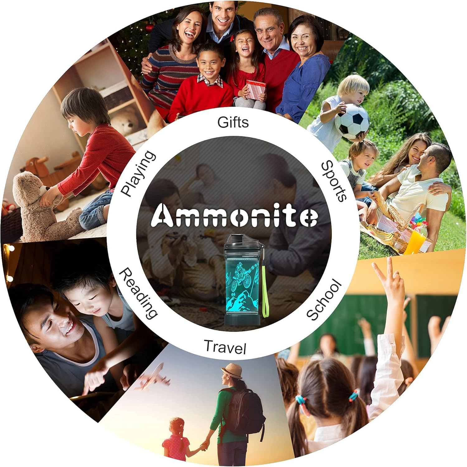 Ammonite Kids Motorcycle Water Bottle with 3D Glowing Dirt bike LED Light - 14 OZ Tritan BPA Free - Creative Motocross Gift Ideal for Children Boys Sports School Outdoor Camping Picnic Travel