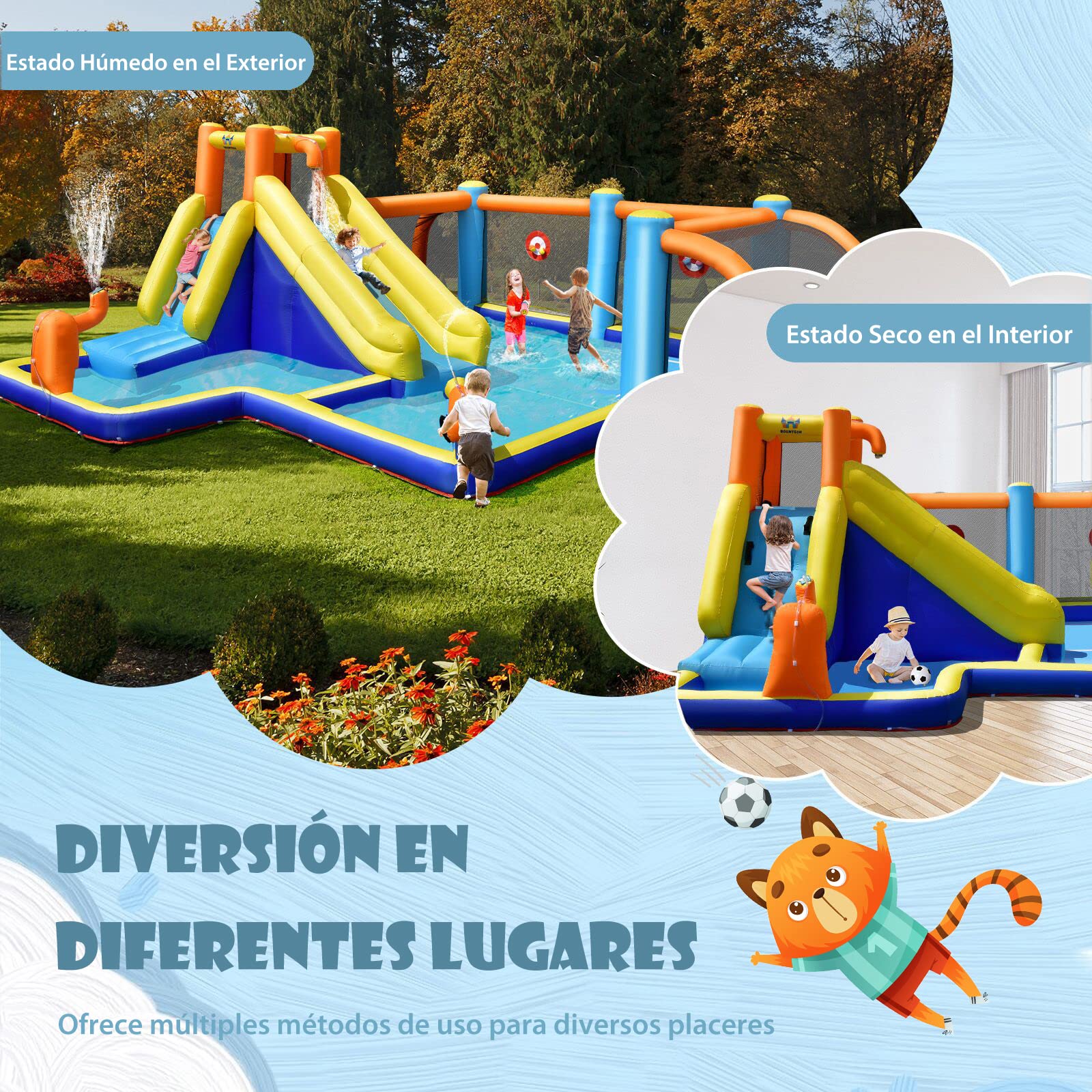 COSTWAY Tobogán Acuático Inflable con Tema Fútbol, Casa Inflable con Compresor, Tobogán Inflable Mojado Seco con Piscina, Pared para Escalar, Doble Hidrante, Zona para Fútbol, Soplador