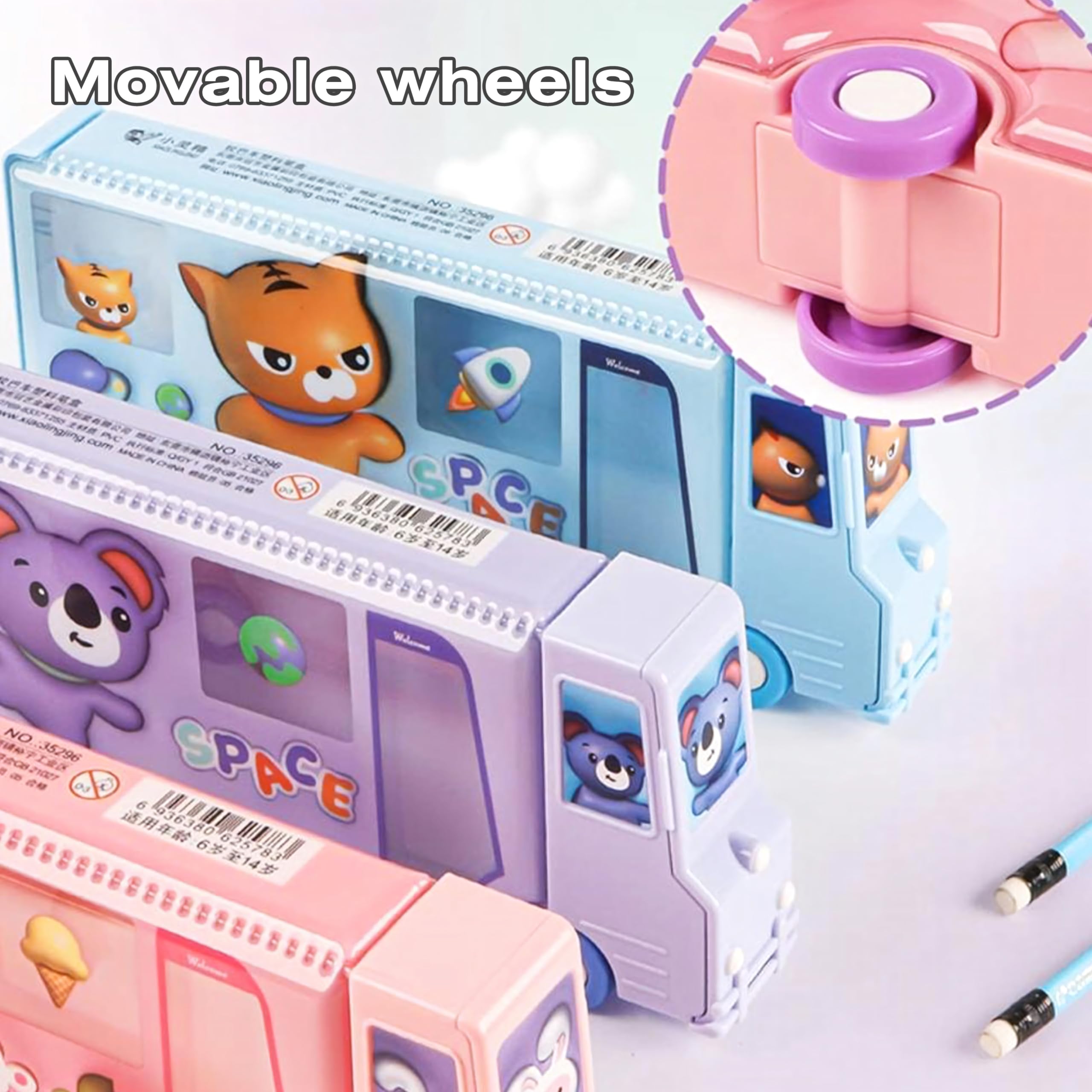 School Bus Pencil Case, Cartoon Pen Box with Sharpener, Large Capacity Stationery Organizer, Best Birthday Gifts for Kids Teens School Supplies(Pink)