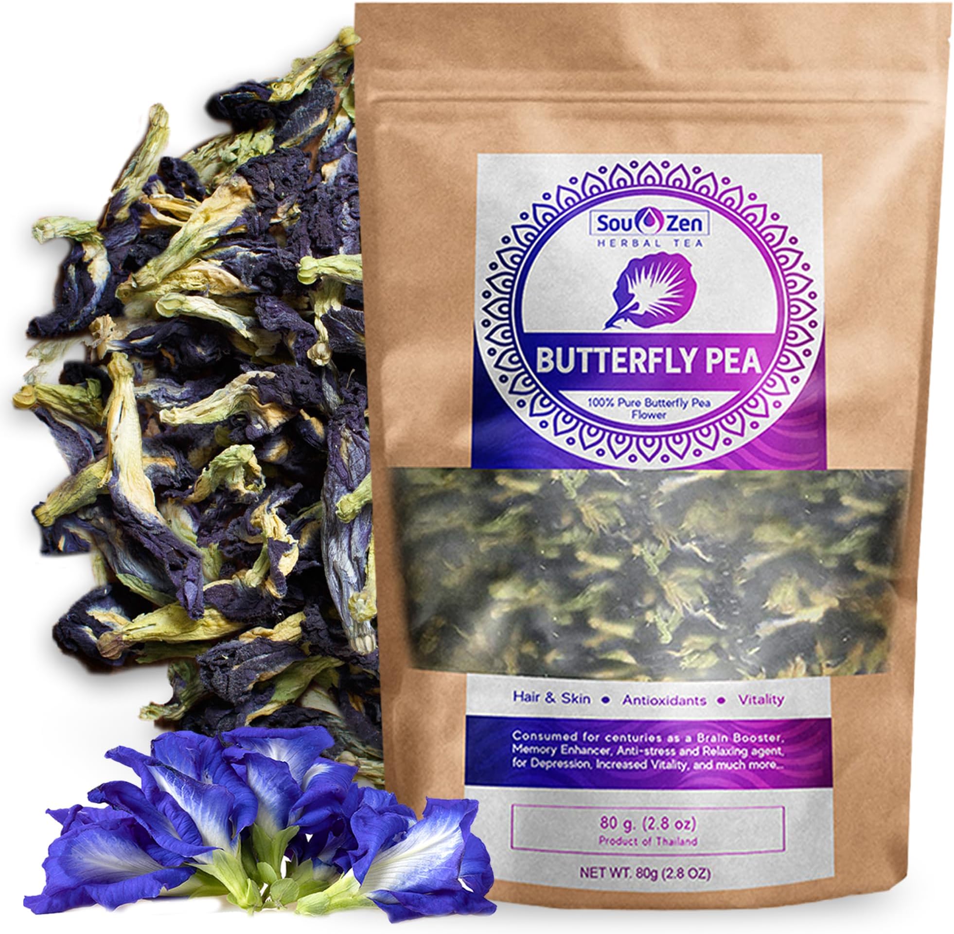 Sou Zen Butterfly Pea Flowers (80 g) Dried Tea Leaves | Natural, Raw Drink Mix w/Antioxidants, Organic Nootropics | Promotes Relaxing Calm, Stress Relief | Thai Herbal