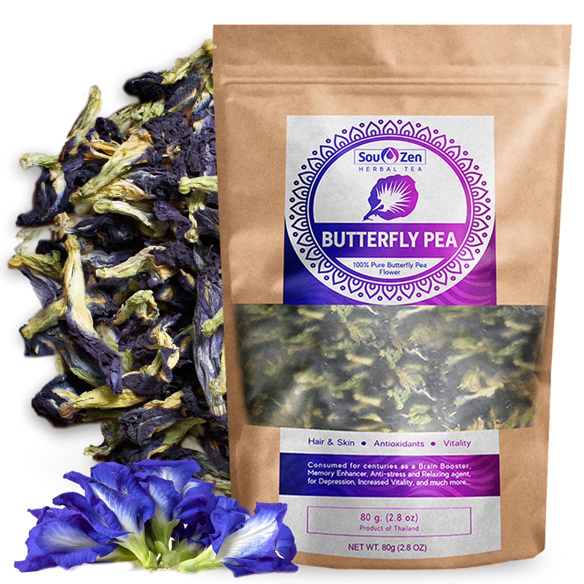 Sou Zen Butterfly Pea Flowers (80 g) Dried Tea Leaves | Natural, Raw Drink Mix w/Antioxidants, Organic Nootropics | Promotes Relaxing Calm, Stress Relief | Thai Herbal