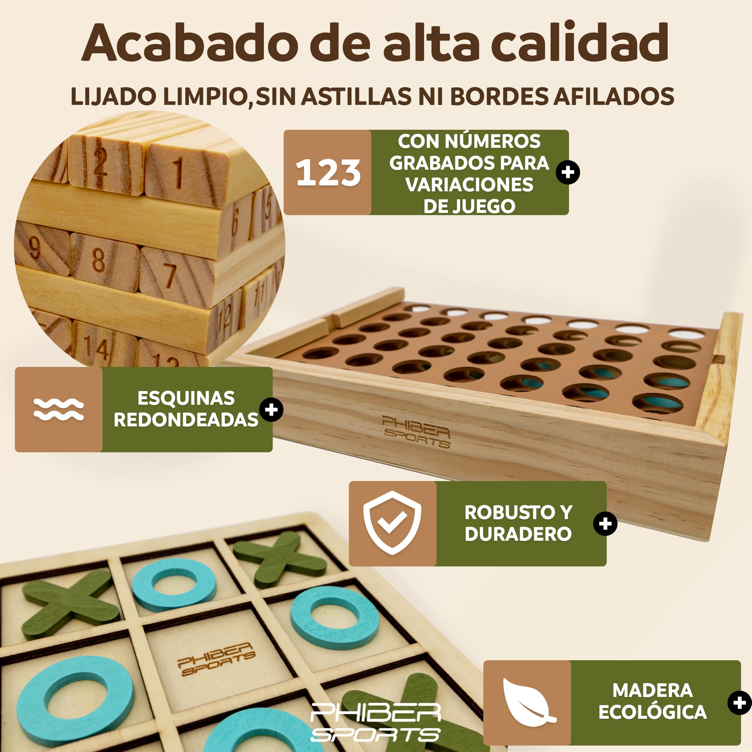 PHIBER-SPORTS Juegos de Madera 4-en-1: Cuatro en Línea, Tres en Raya, Mikado & Torre de Madera – Colección Juegos Clásicos – Regalo Niños & Adultos – Duradero, Ecológico & Sin Plástico